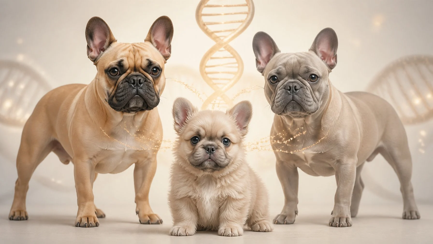 Two smooth-coated French Bulldogs stand behind a fluffy French Bulldog puppy, with a subtle DNA motif suggesting inherited coat genetics.
