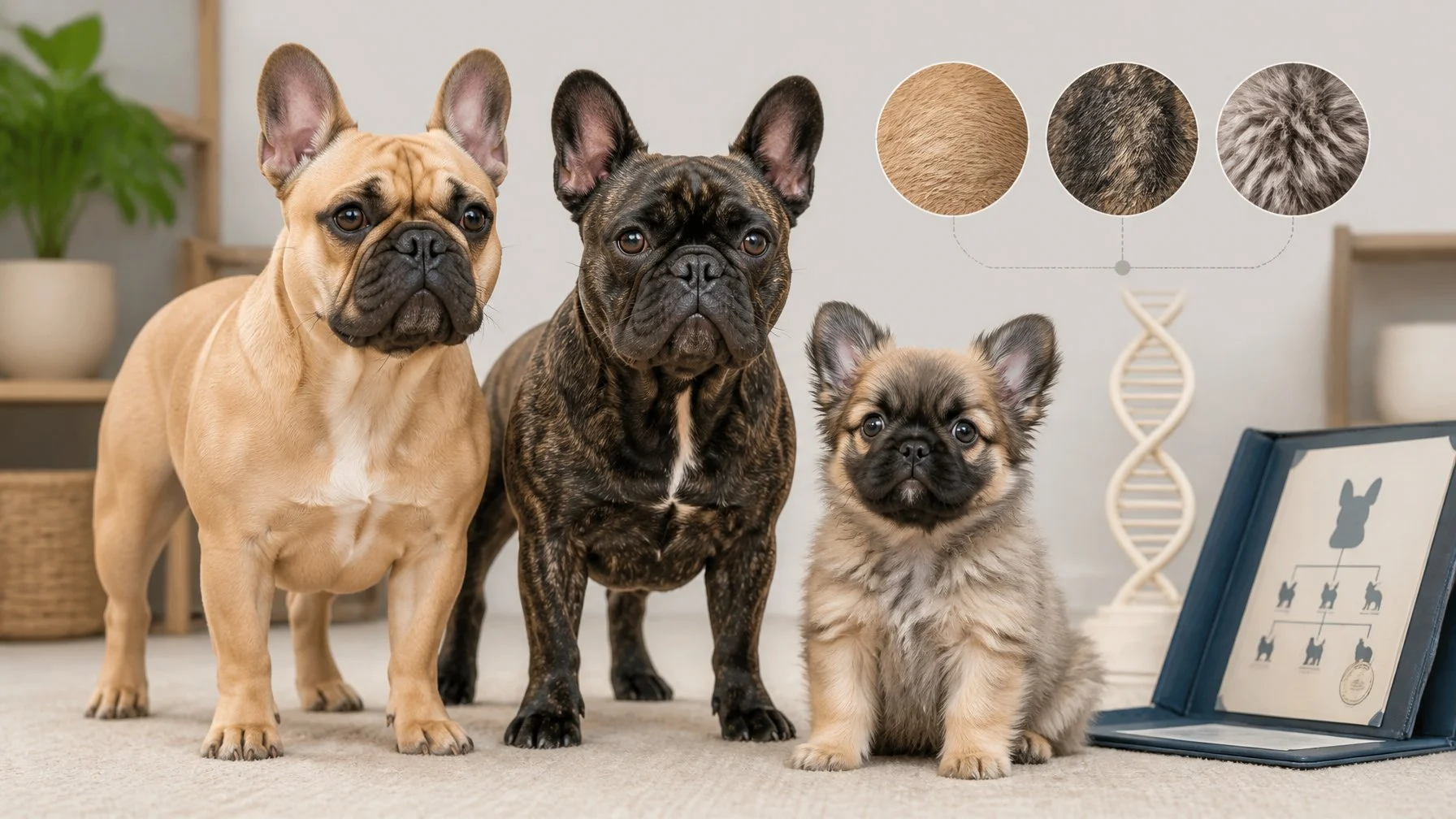 Two smooth-coated French Bulldogs stand beside a fluffy French Bulldog puppy in a bright home setting.