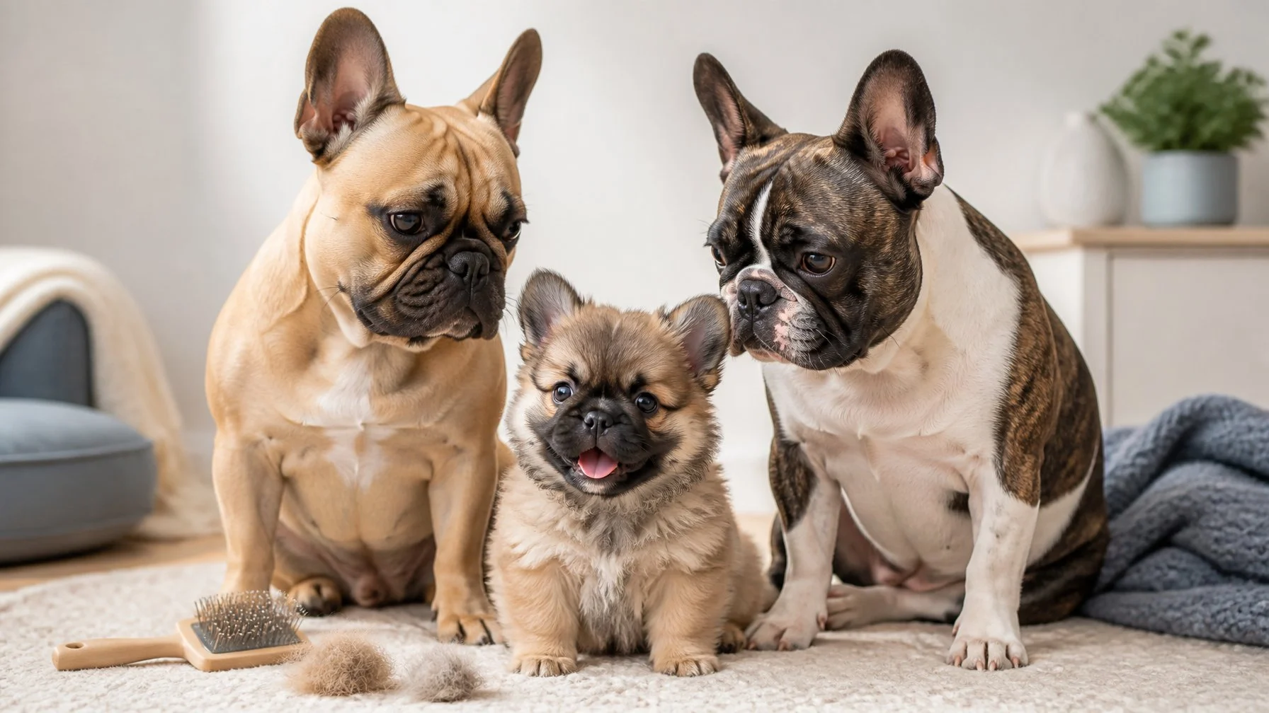 Two smooth-coated French Bulldogs sit beside a fluffy-coated French Bulldog puppy.