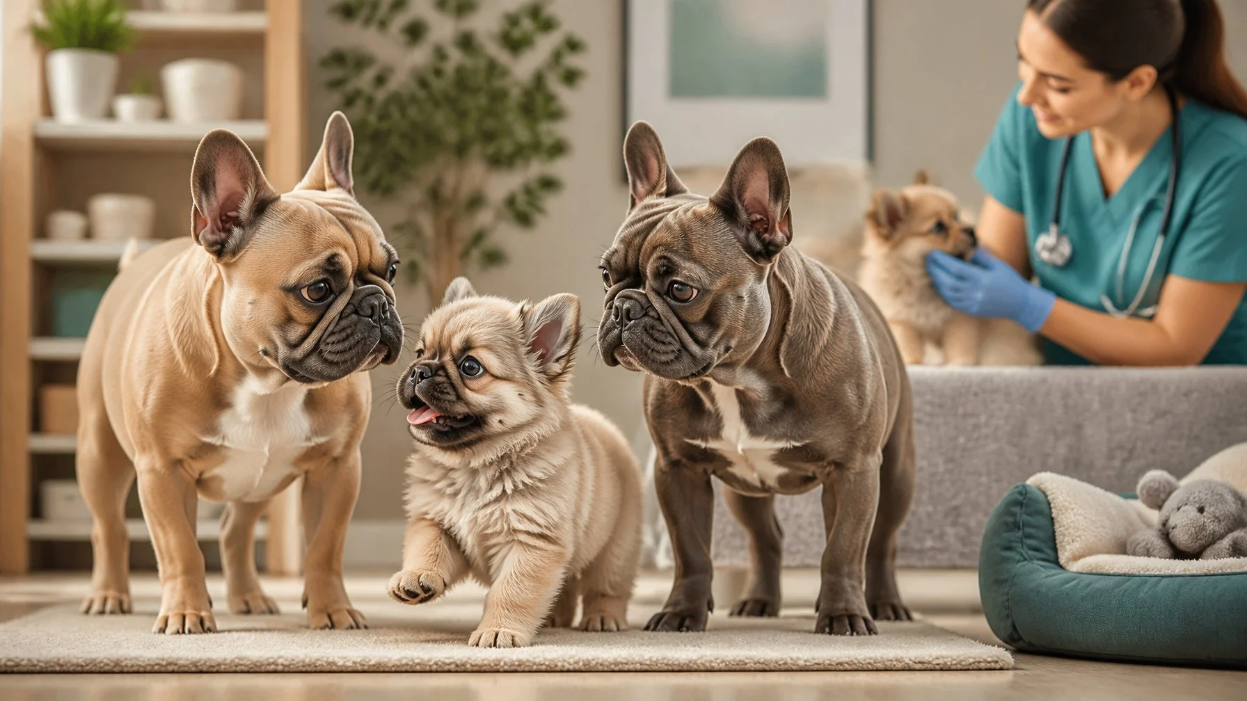Two smooth-coated French Bulldogs stand beside a fluffy French Bulldog puppy while a veterinarian checks the puppy's health.