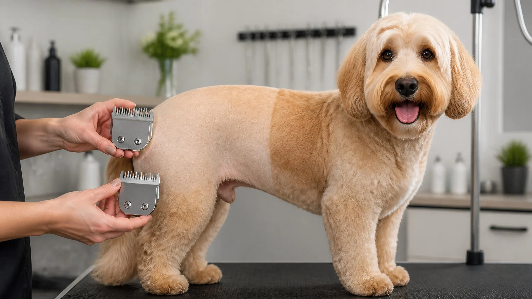 A groomer compares two clipper blades while trimming a dog's coat to different lengths.