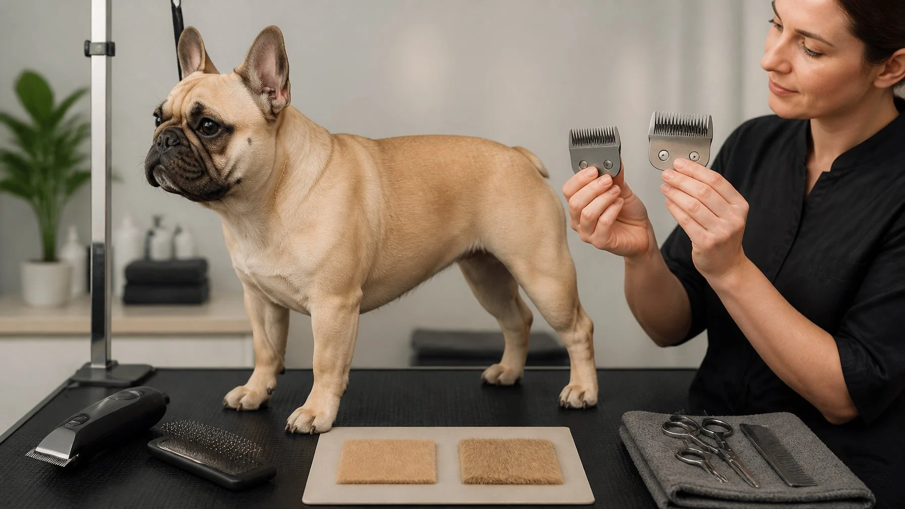 A relaxed French Bulldog sits on a grooming table while a groomer compares two dog clipper blades beside it.