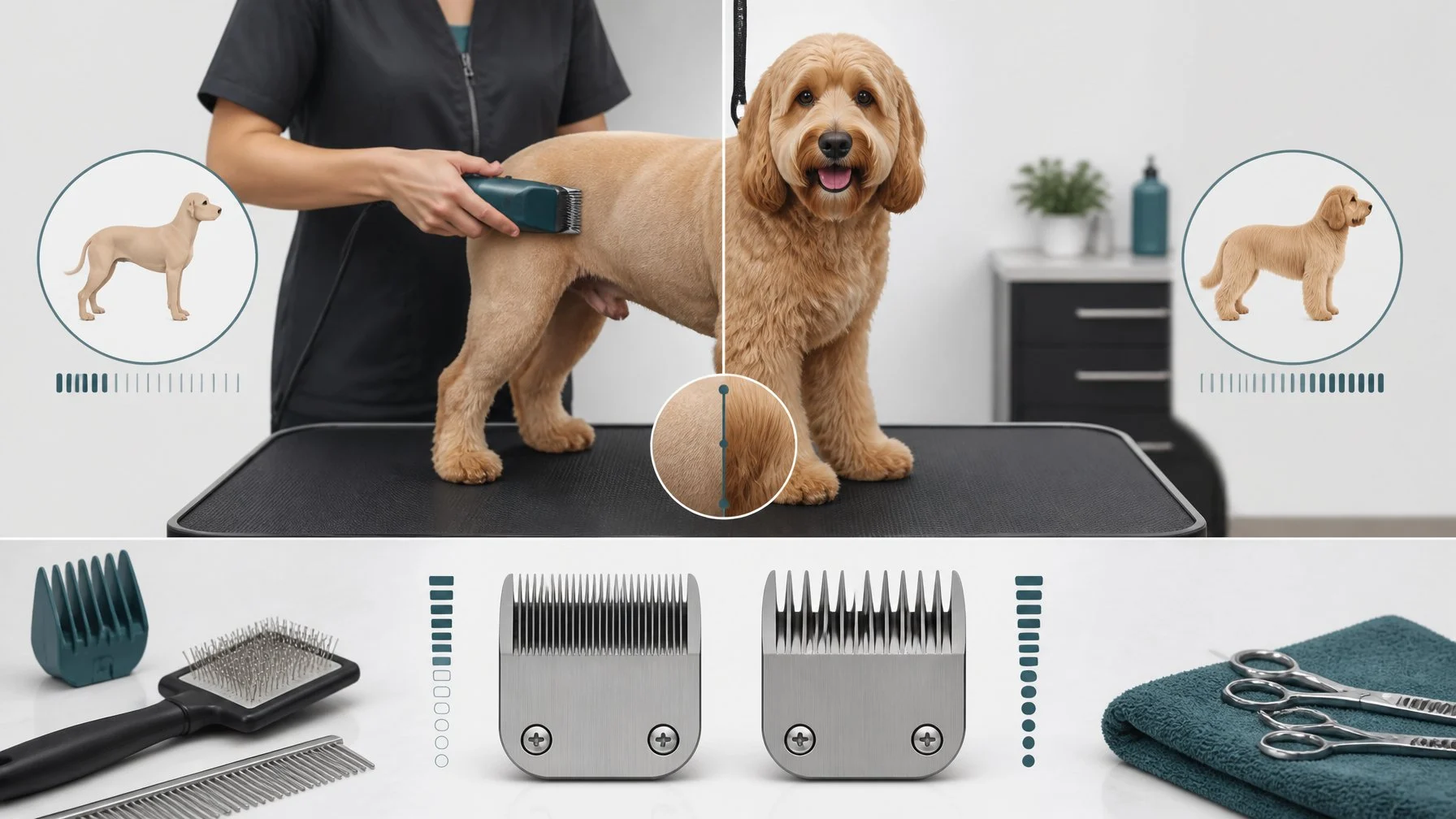 A groomer safely compares two dog clipper blades while trimming a calm dog, showing a moderate coat length and an overly close trim.