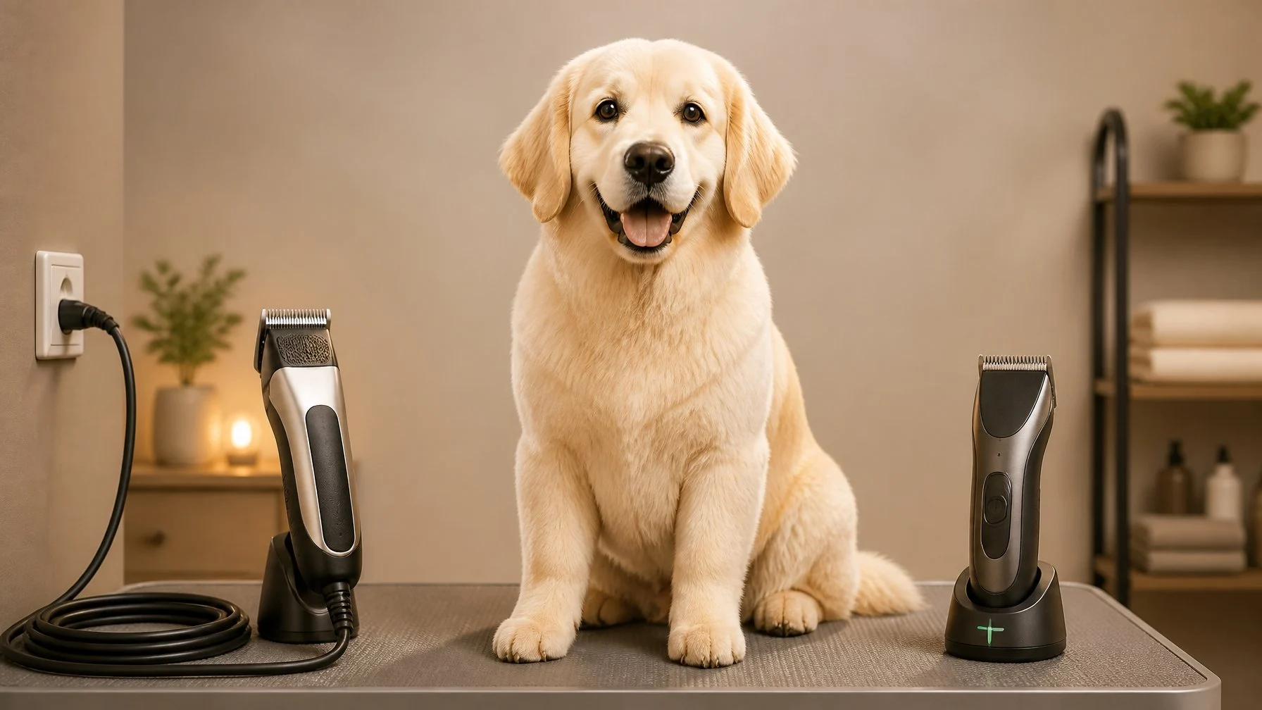 A calm dog stands between a corded clipper with a cable and a cordless clipper on a grooming table.