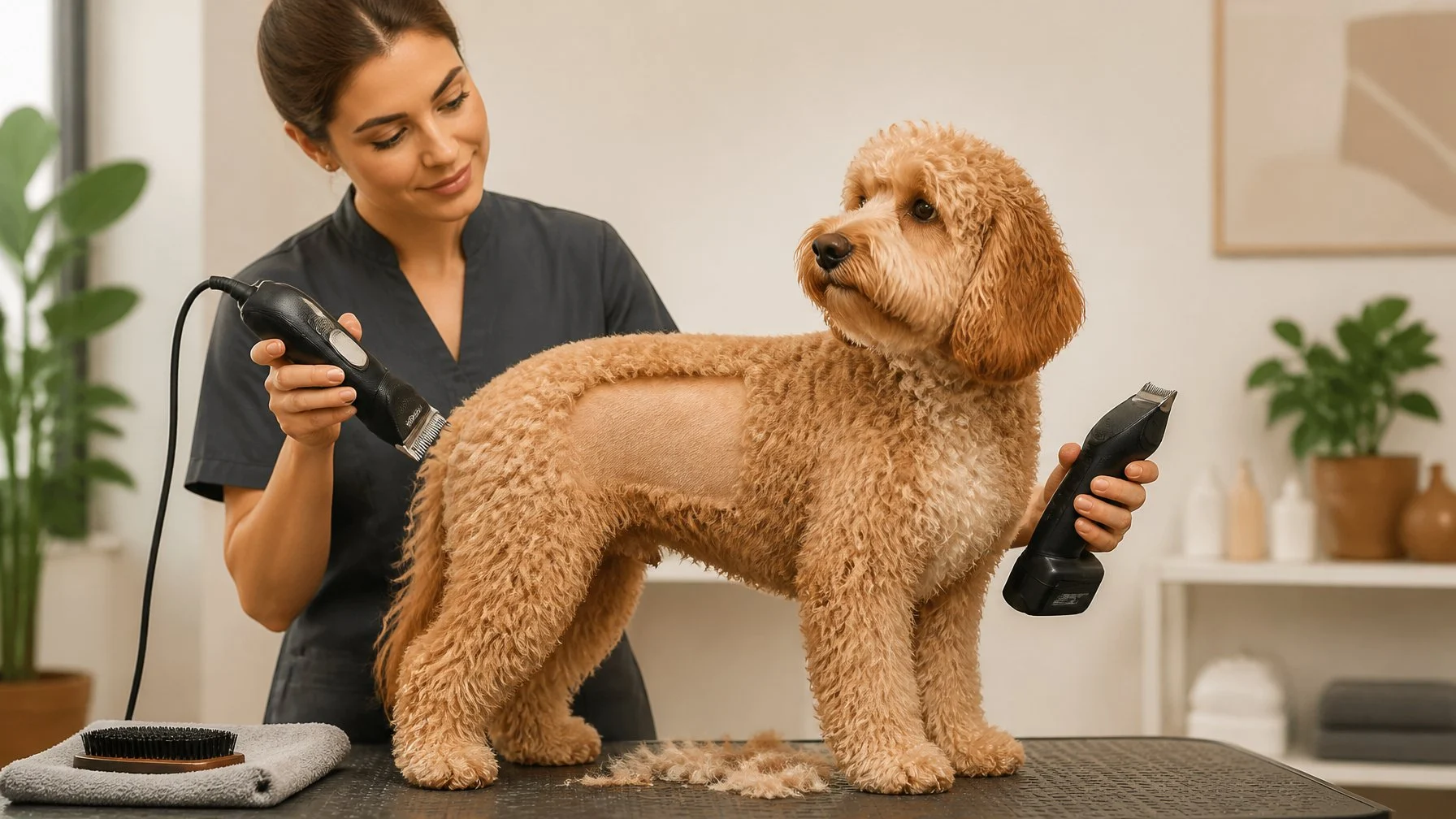 A groomer compares corded and cordless clippers while trimming a thick-coated dog.