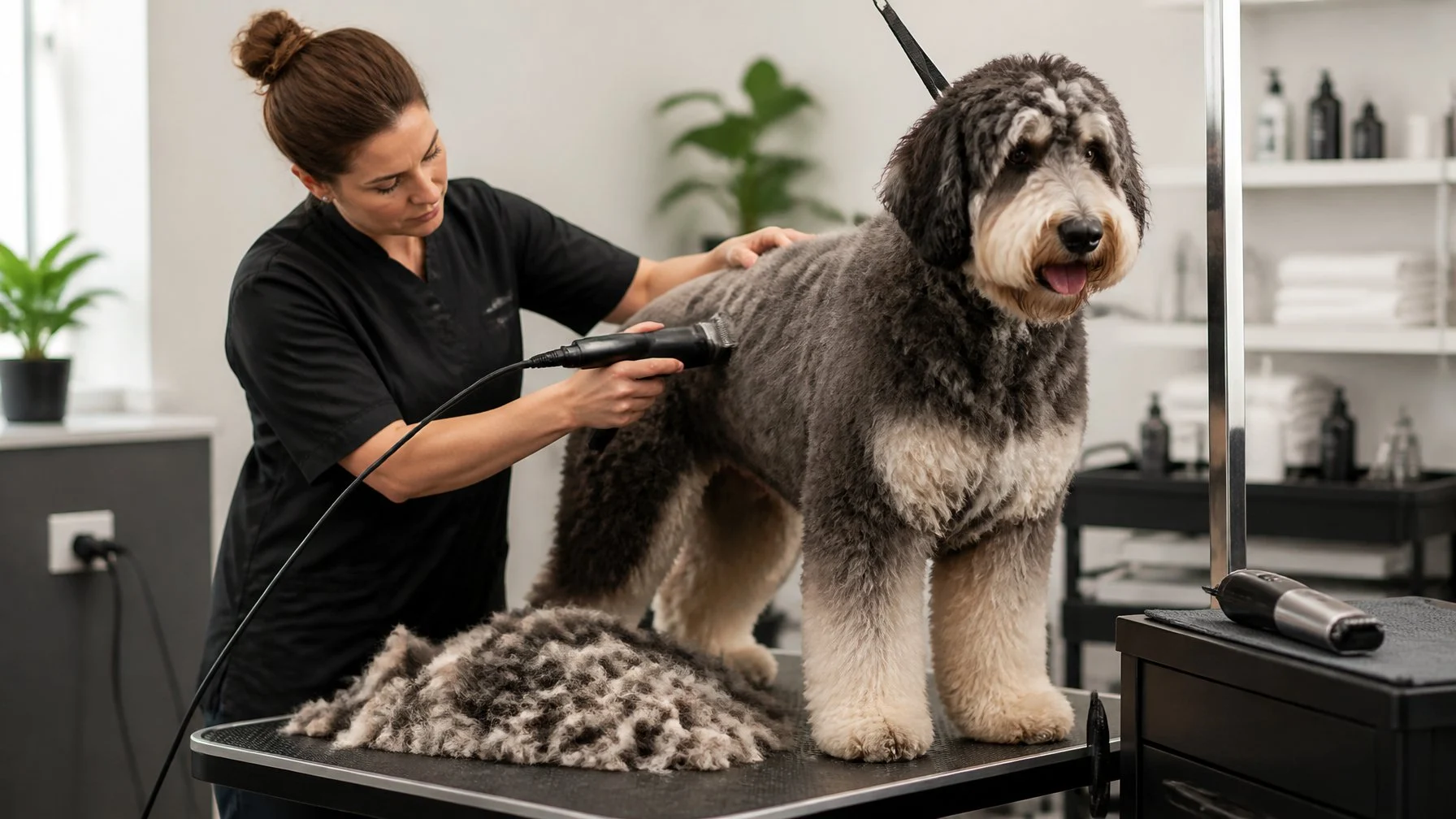 A groomer uses a corded clipper to trim the thick coat of a large dog while a cordless clipper rests nearby.