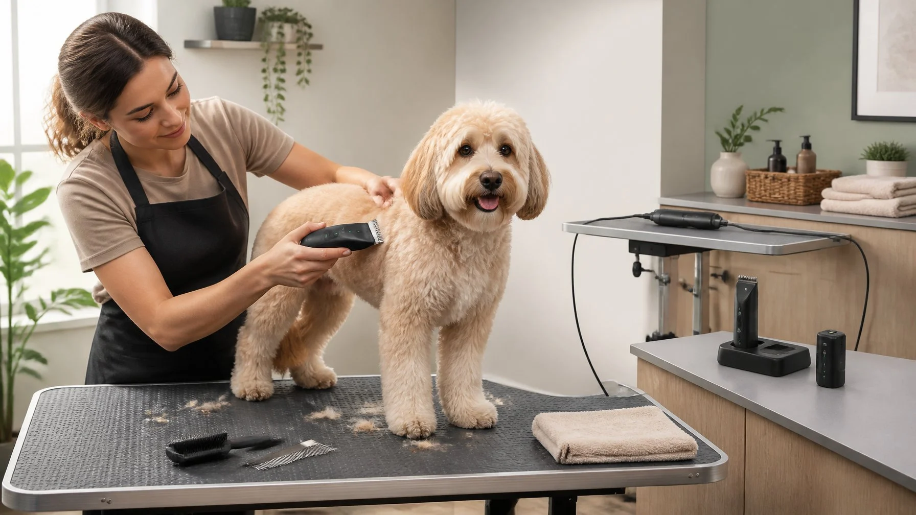 A groomer trims a dog with a cordless clipper while a corded clipper rests nearby.