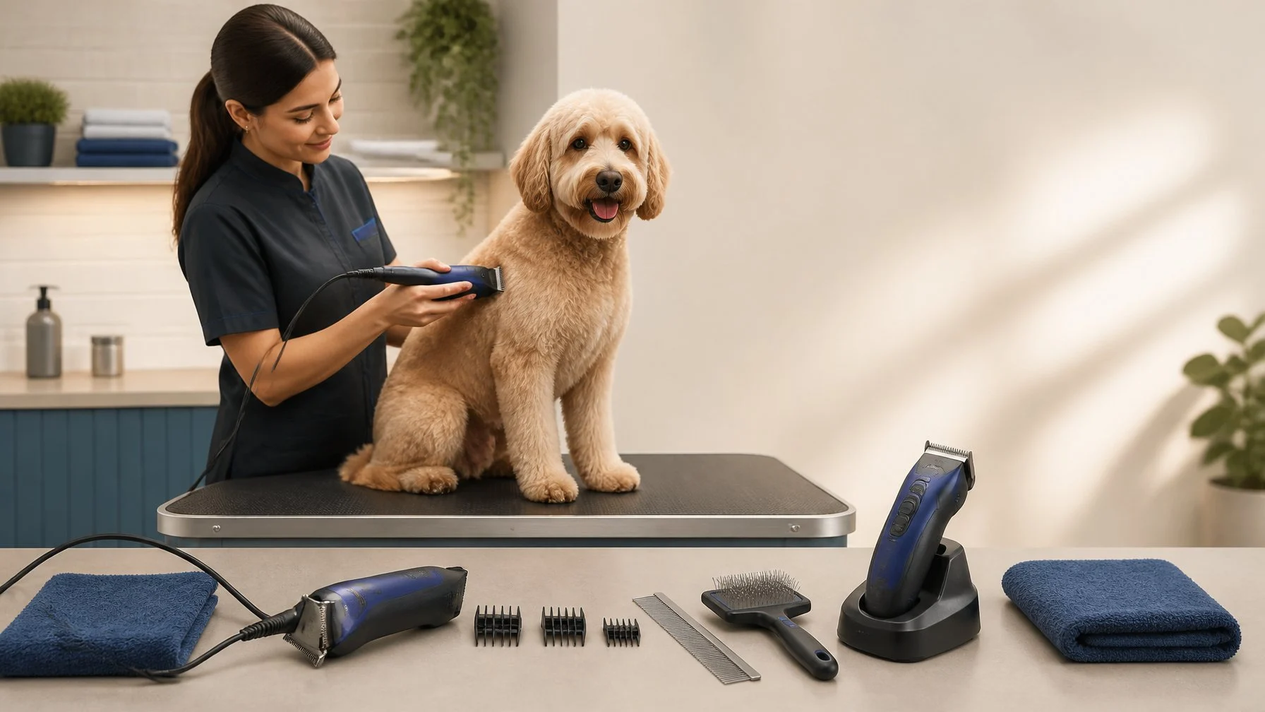 A groomer trims a dog beside corded and cordless clippers arranged on a clean grooming station.