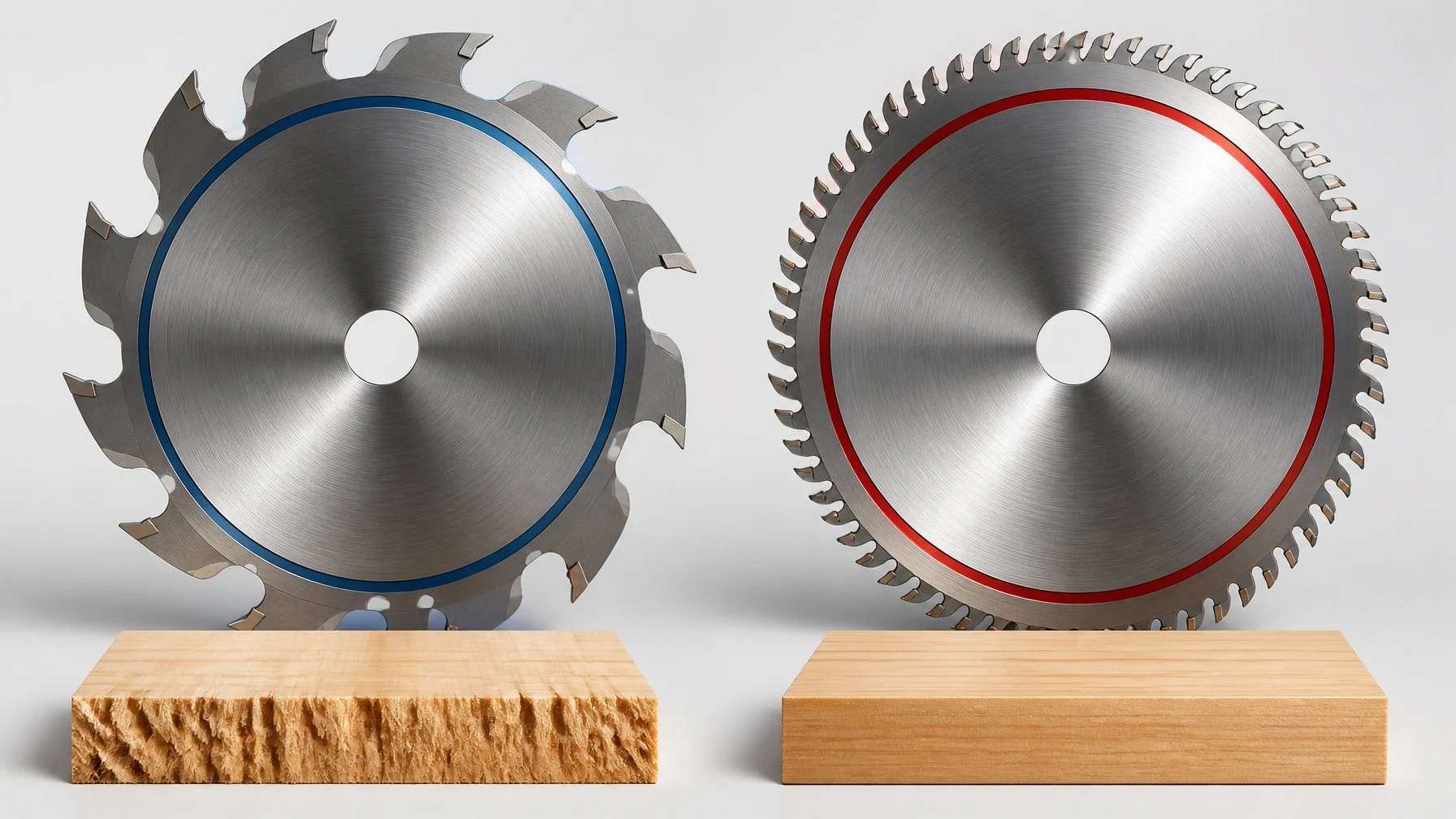 Two circular saw blades are compared side by side, with a widely spaced rough-cut blade on the left and a closely toothed smooth-cut blade on the right.