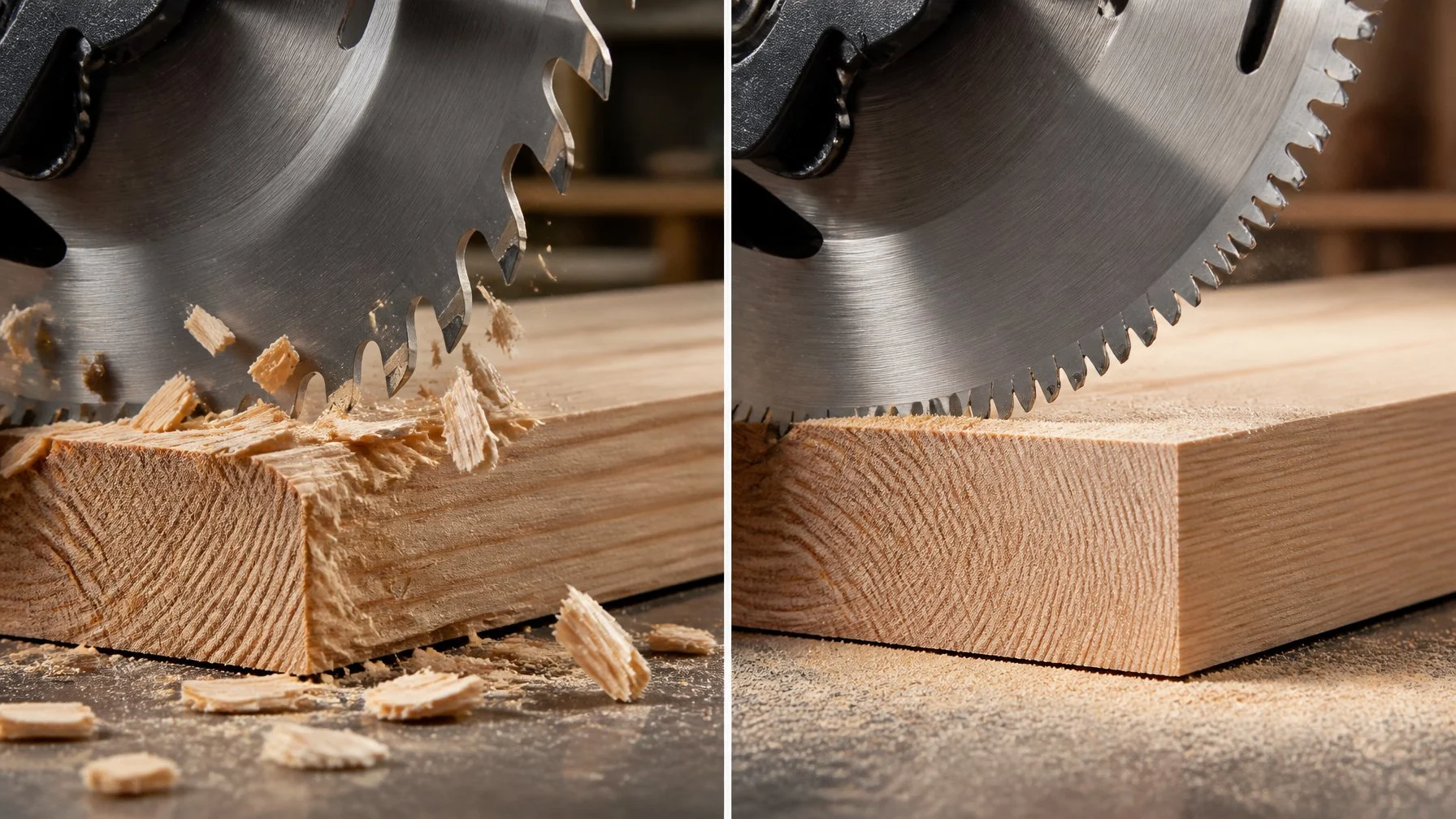 Two saw blades cut wood side by side, showing a coarse rough cut and a fine smooth cut.