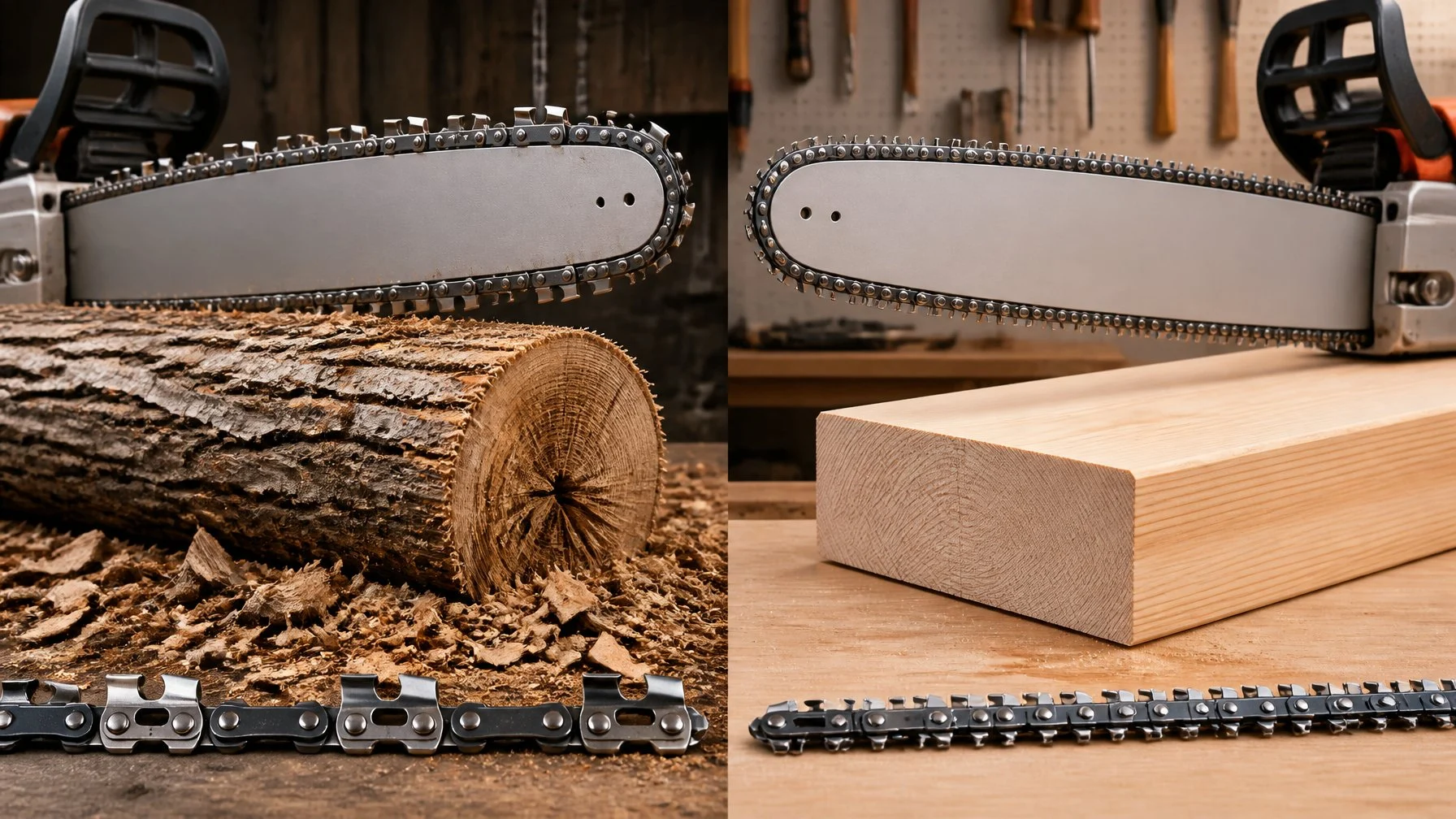 A side-by-side comparison of a widely spaced chainsaw chain cutting rough wood and a closely spaced chain producing a smooth cut.