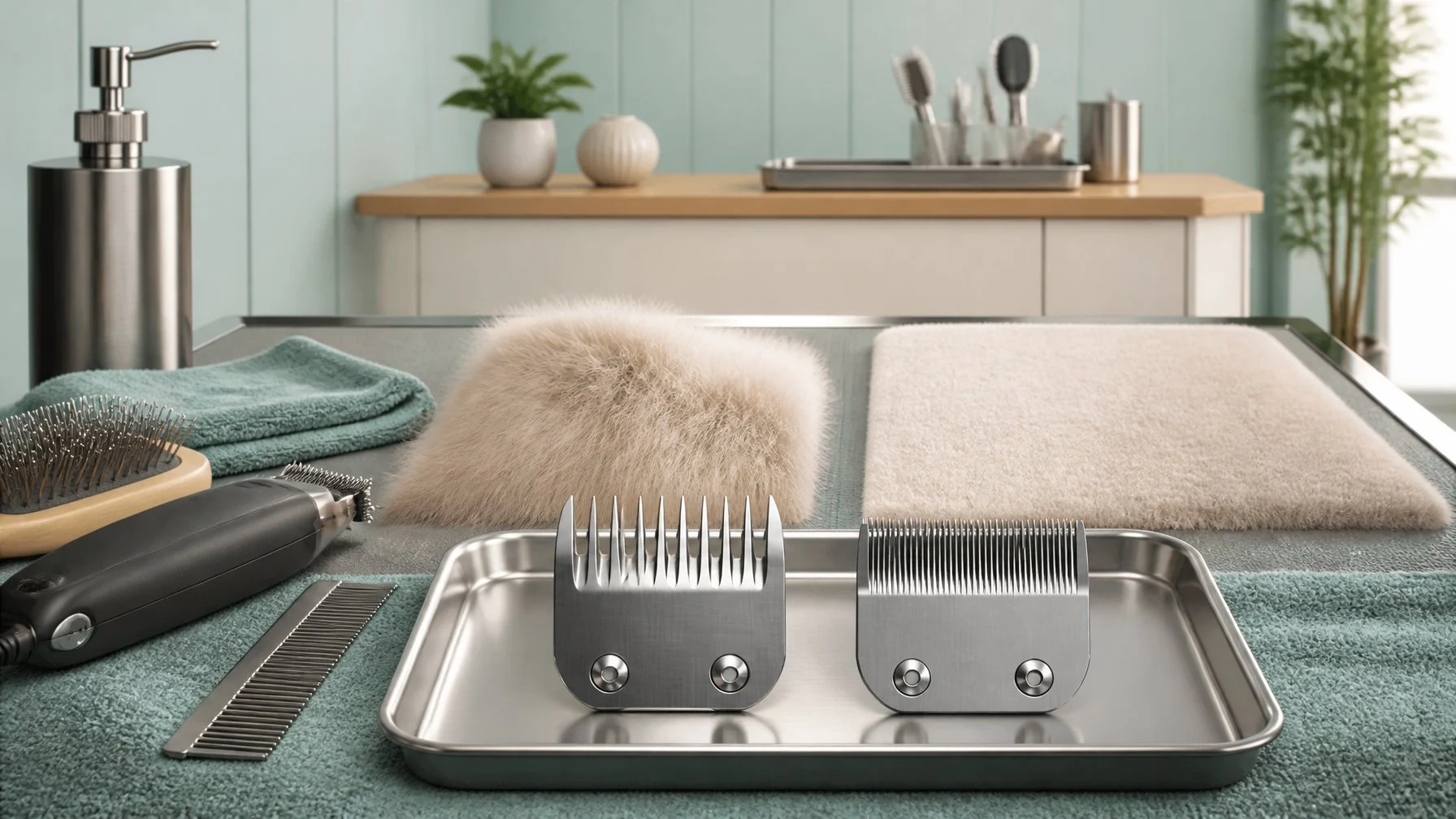 Two professional clipper blades, one with wide teeth and one with closely spaced teeth, are arranged on a clean grooming workstation with tools for preparation and finishing.