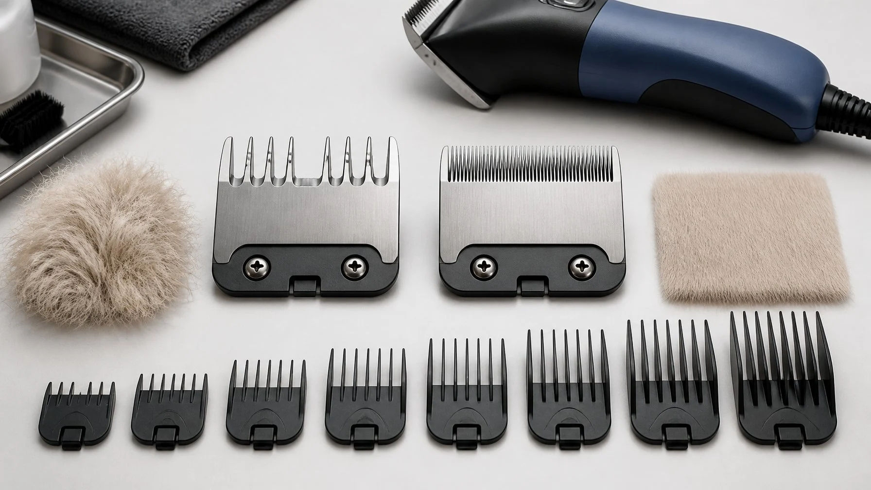 Two clipper blades, one with widely spaced teeth and one with closely spaced teeth, are displayed beside grooming comb attachments and a clipper.