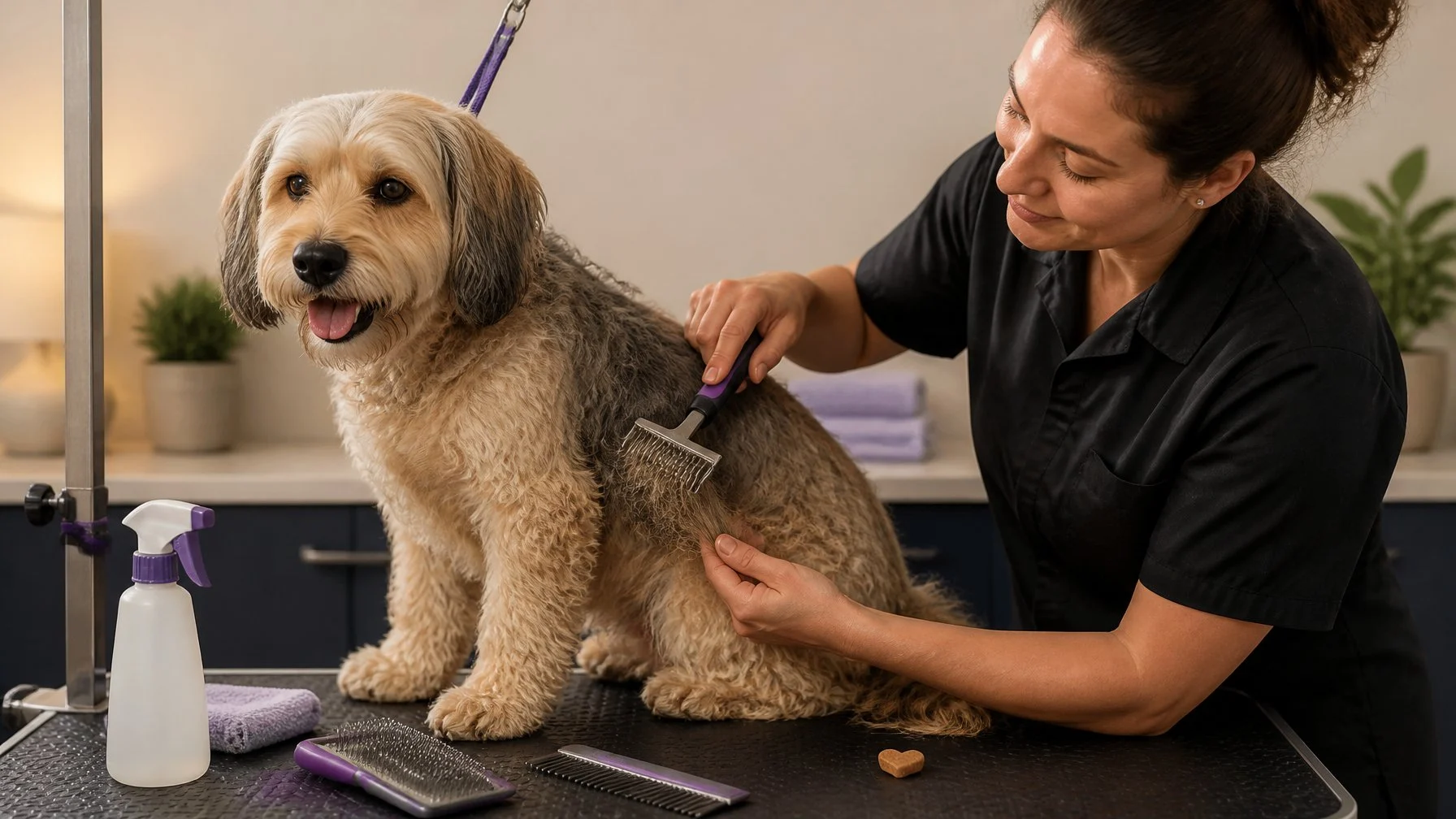 A groomer gently detangles a dog's matted fur using a comb and brush while the calm dog stands on a grooming table.