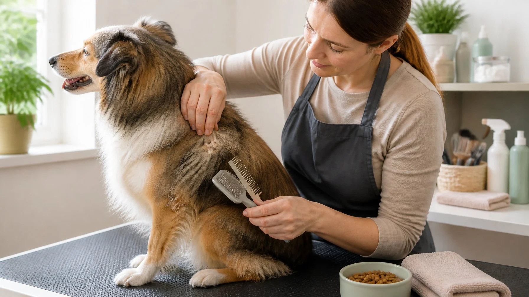 A caregiver gently checks a small loose mat in a long-haired dog's fur with grooming tools nearby.