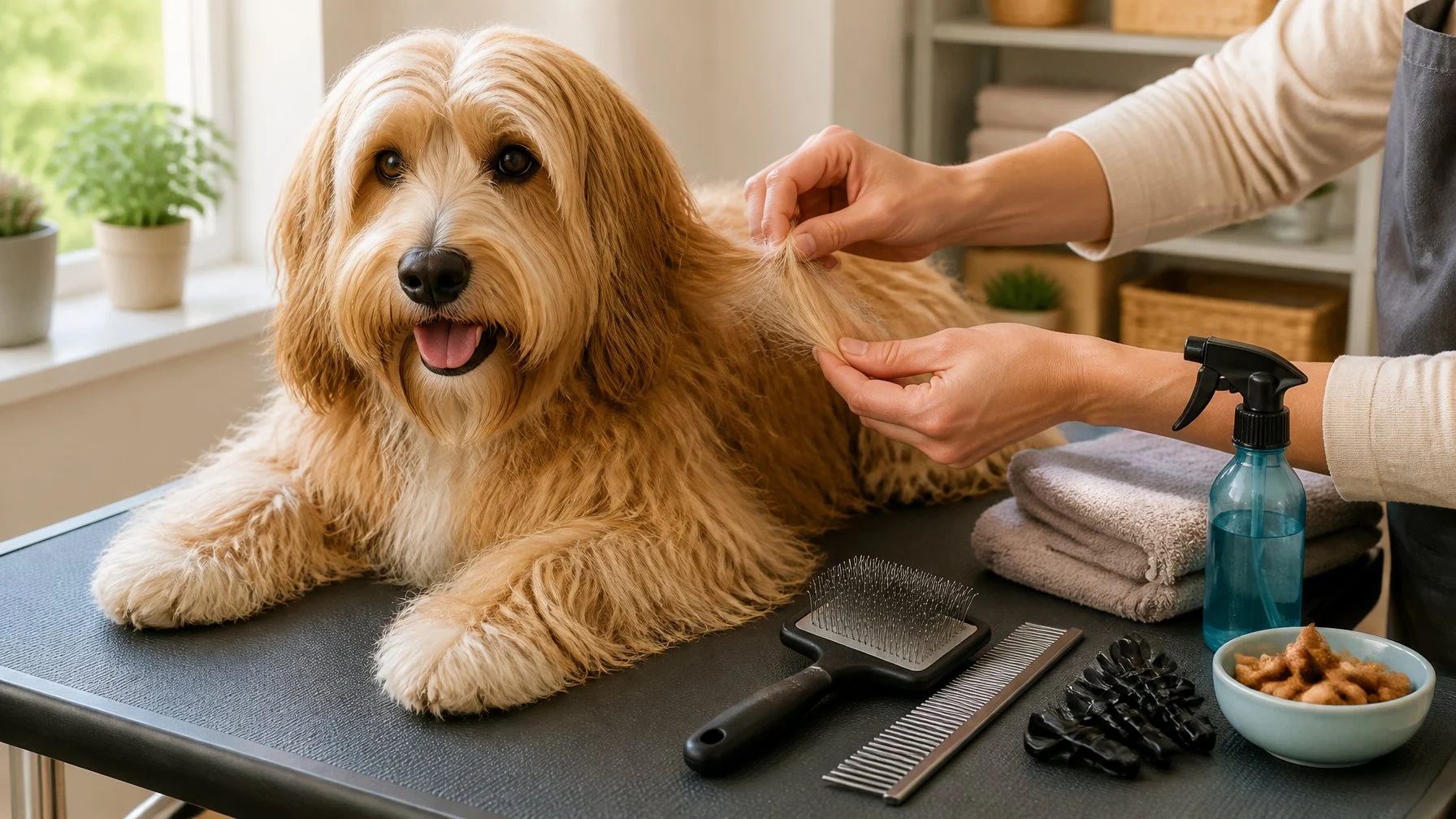 A calm long-haired dog rests on a grooming table beside organized dematting tools while a groomer gently prepares its fur.