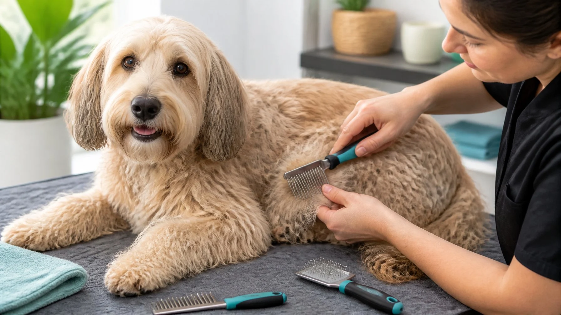 A groomer gently combs small mats from a long-haired dog's coat while the relaxed dog rests comfortably.