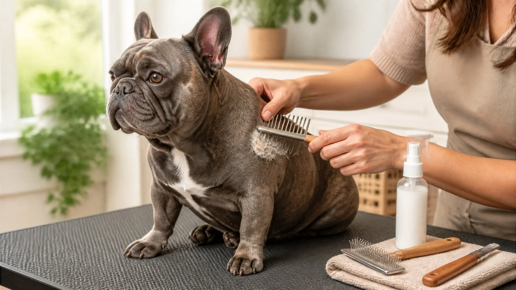 A relaxed French Bulldog receives gentle grooming to remove a small mat from its coat.