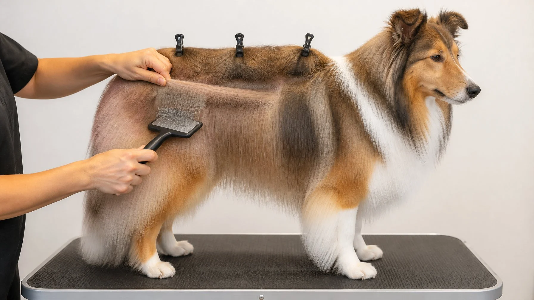 A groomer demonstrates line brushing a long-haired dog section by section with a slicker brush.