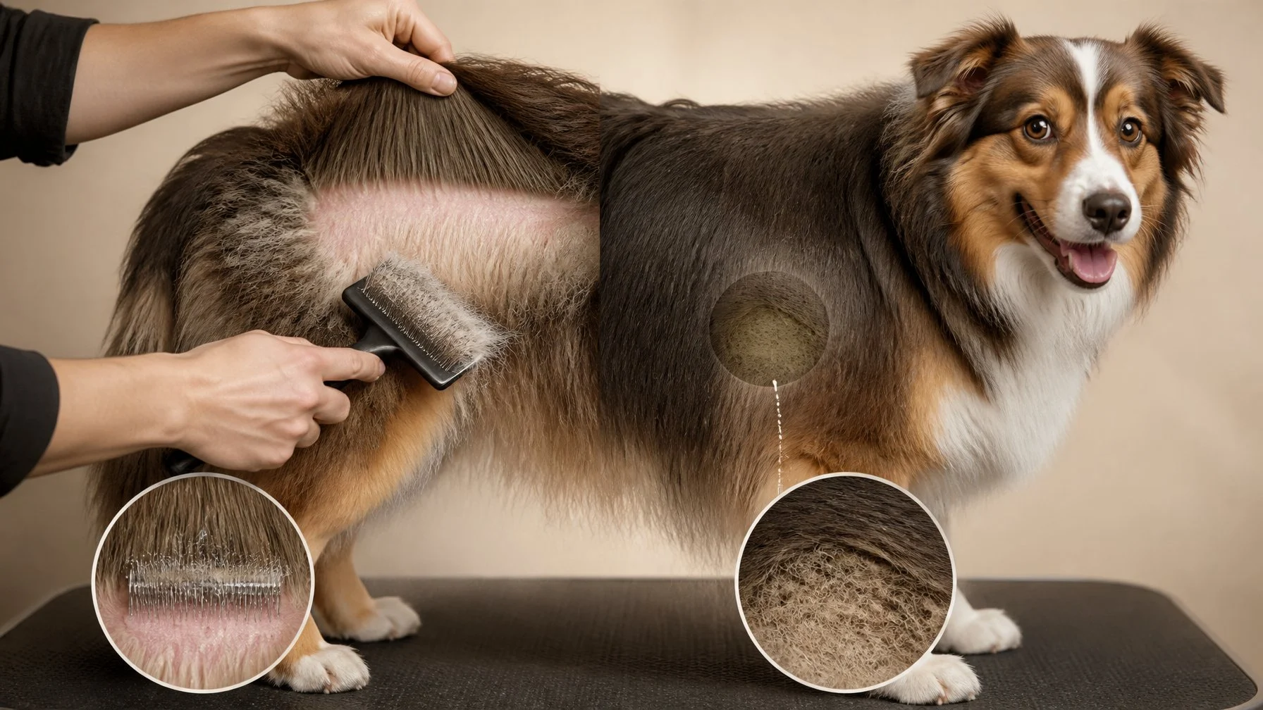 A groomer lifts sections of a long-haired dog's coat while brushing deeply near the skin to remove hidden undercoat and tangles.