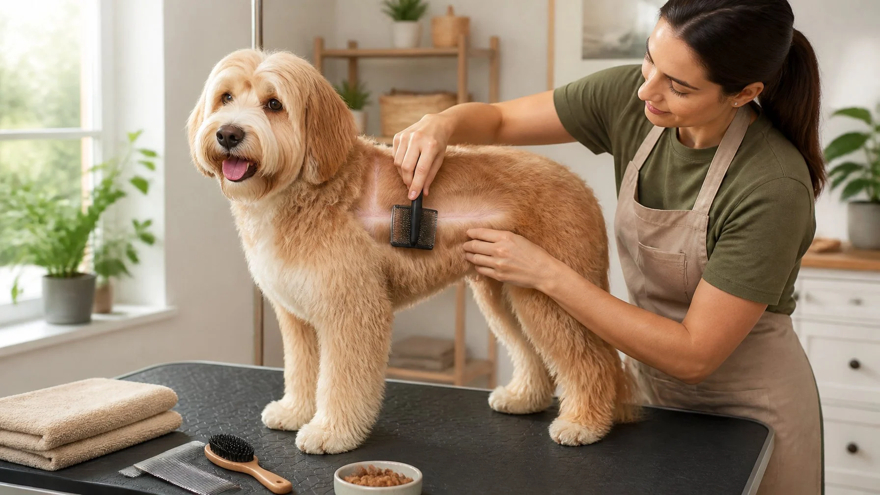 A person gently line brushes the side of a relaxed dog on a secure grooming surface, with grooming tools nearby.