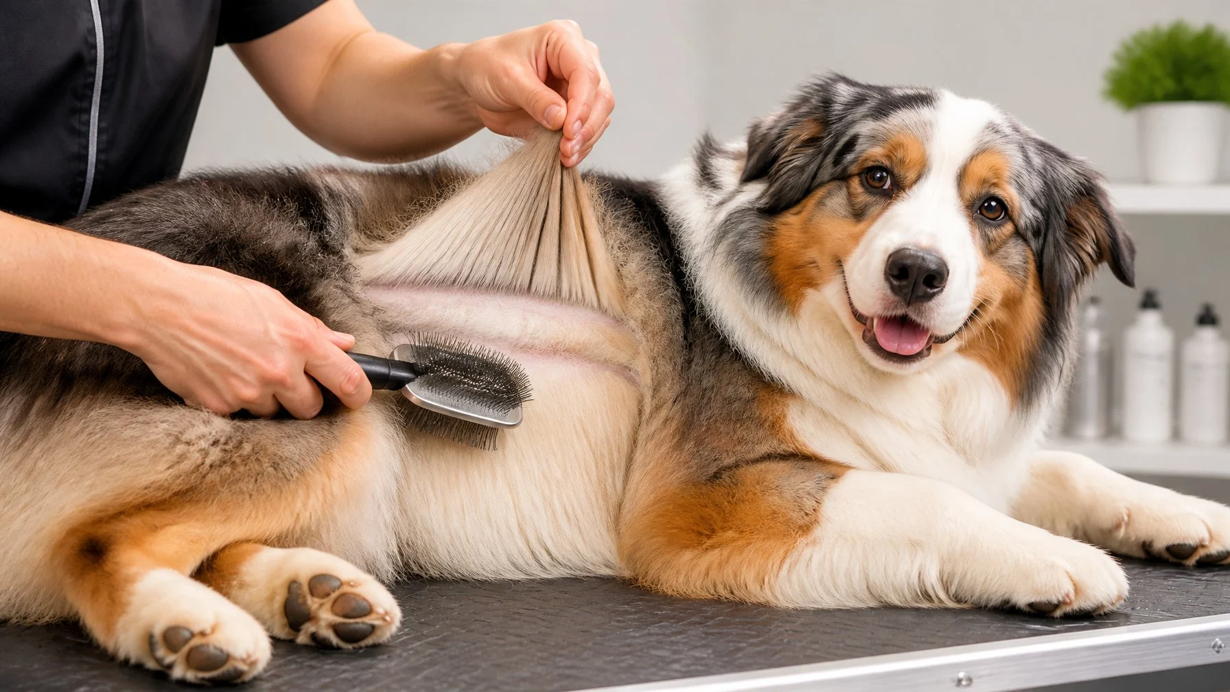 A groomer demonstrates brushing a dog's coat from the skin outward in neat sections.