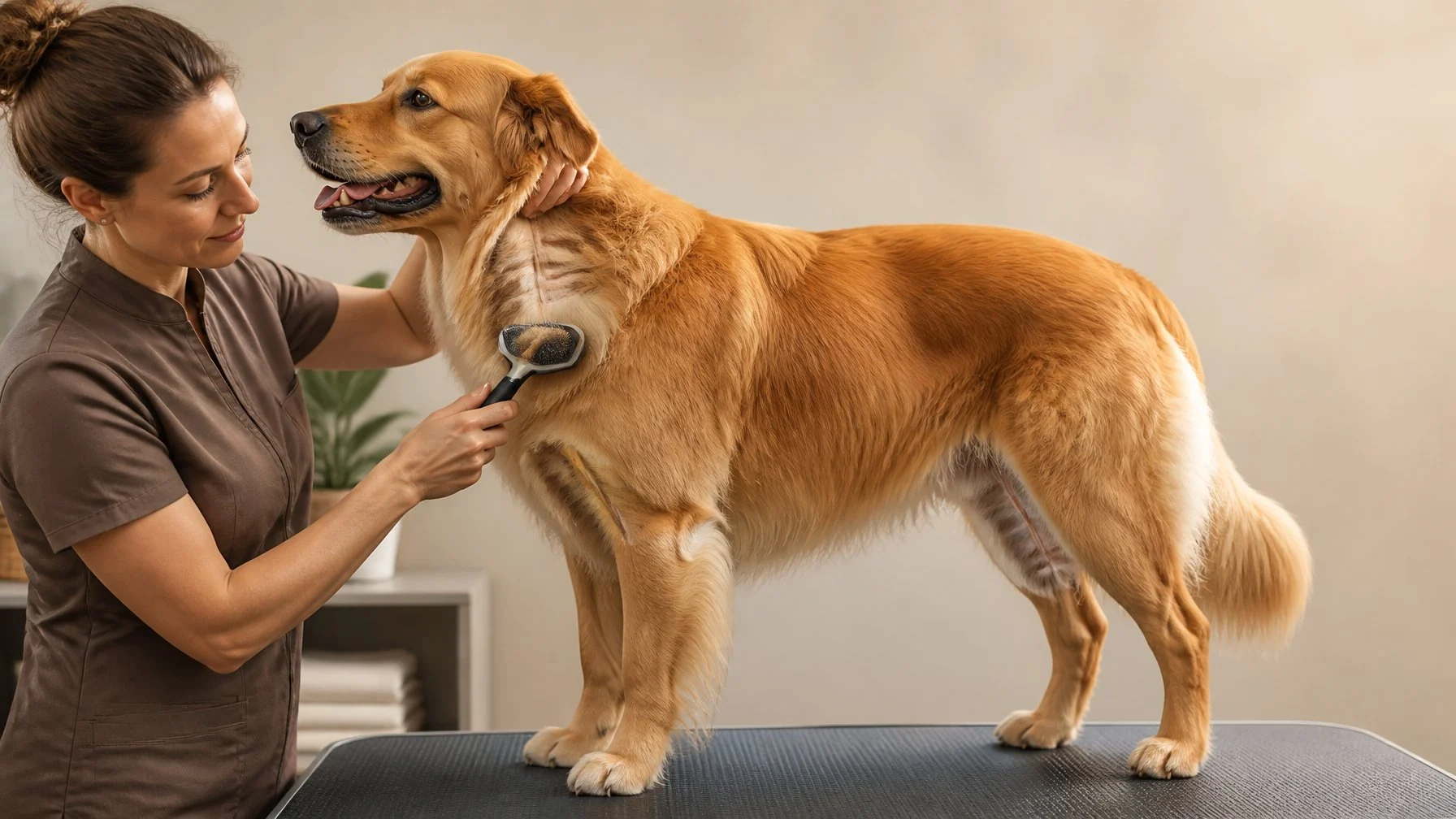 A groomer gently line brushes a dog's coat, taking extra care around areas that commonly tangle.