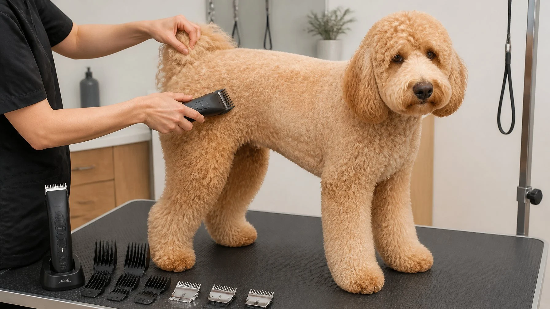 A curly-coated Goldendoodle stands on a grooming table beside professional clippers and blade attachments while a groomer prepares its coat.
