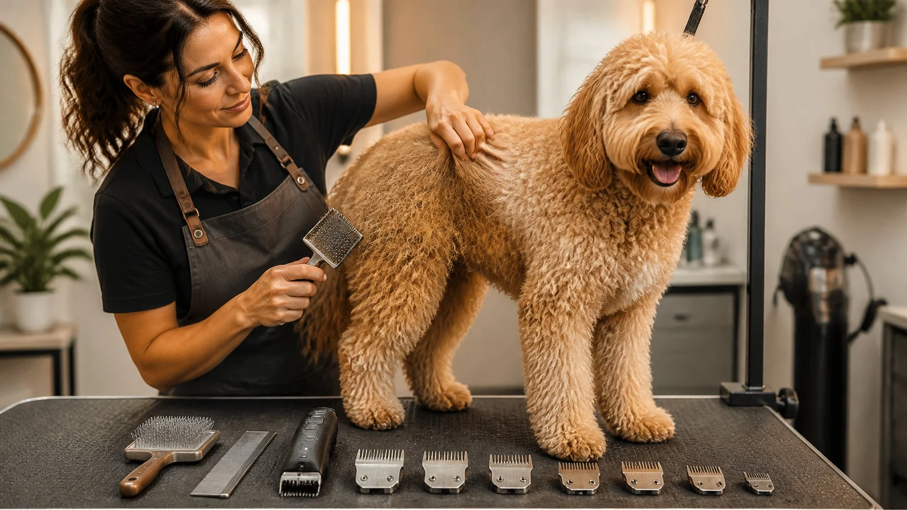 A groomer examines a curly-coated Doodle dog beside grooming tools in a salon.