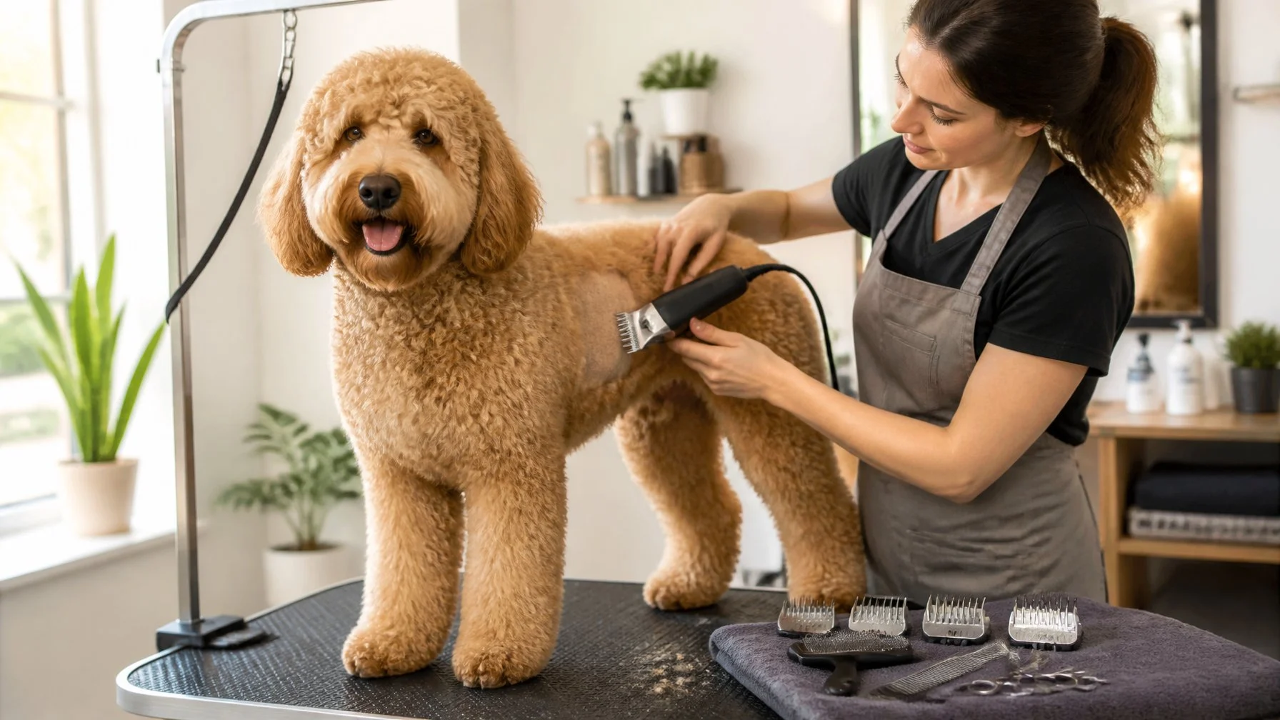 A groomer prepares to trim a curly-coated doodle dog on a professional grooming table.