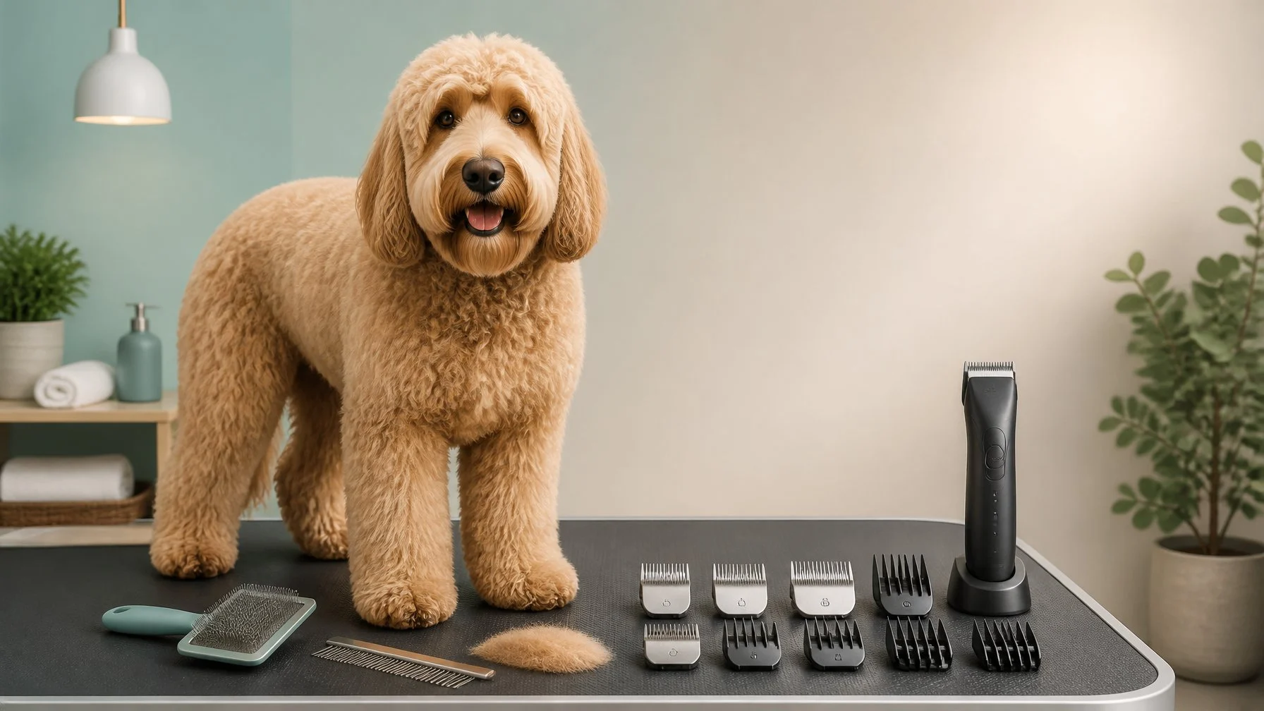 A fluffy doodle dog stands on a grooming table beside a pet clipper, blades, brush, and comb.