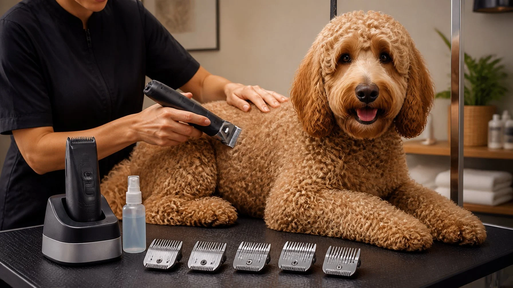 A groomer carefully clips a curly-coated Doodle dog beside grooming blades and cooling supplies.