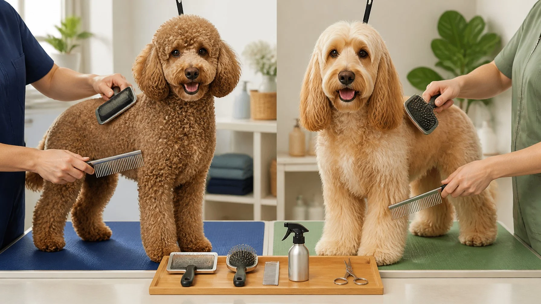 Two dogs with different coat textures are gently groomed side by side in a clean salon, with grooming tools nearby.
