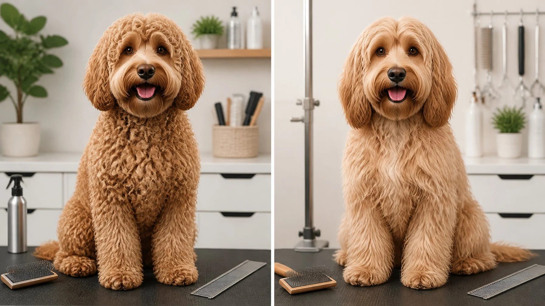 Two similarly sized dogs are shown side by side, one with tight curls and the other with loose waves, in a grooming studio.