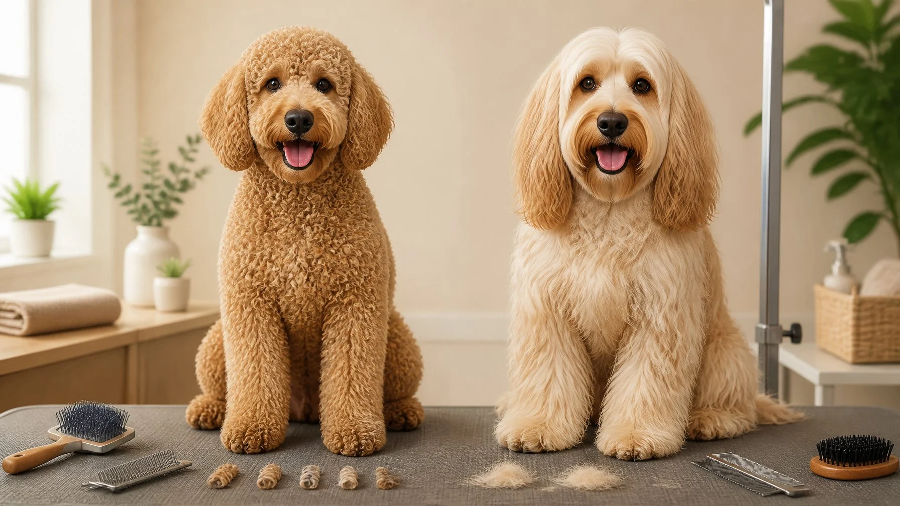 Two dogs with curly and wavy coats stand beside grooming tools, showing differences in loose fur and matting risk.