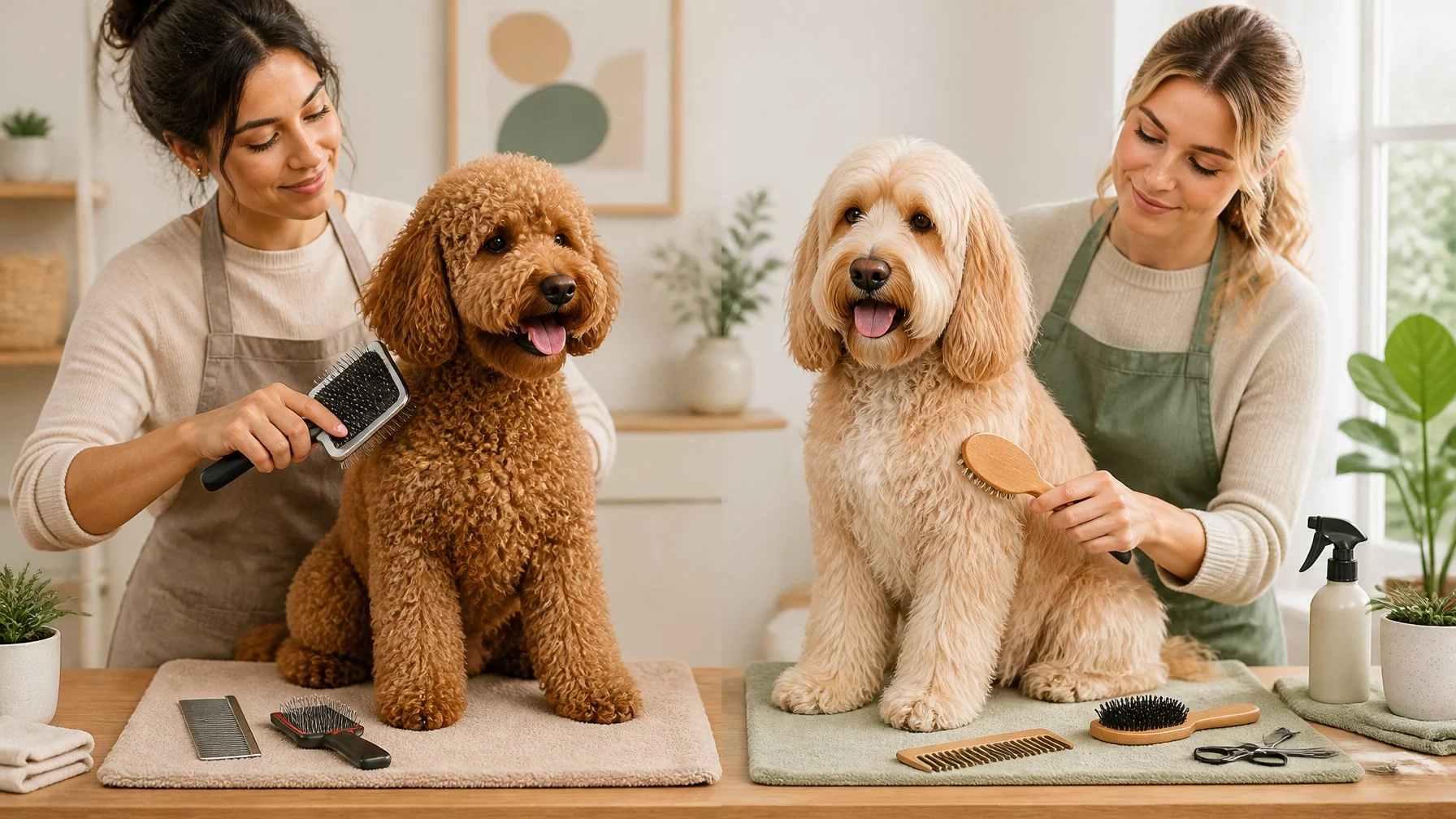 Two dogs with curly and wavy coats are being gently groomed with different brushes.