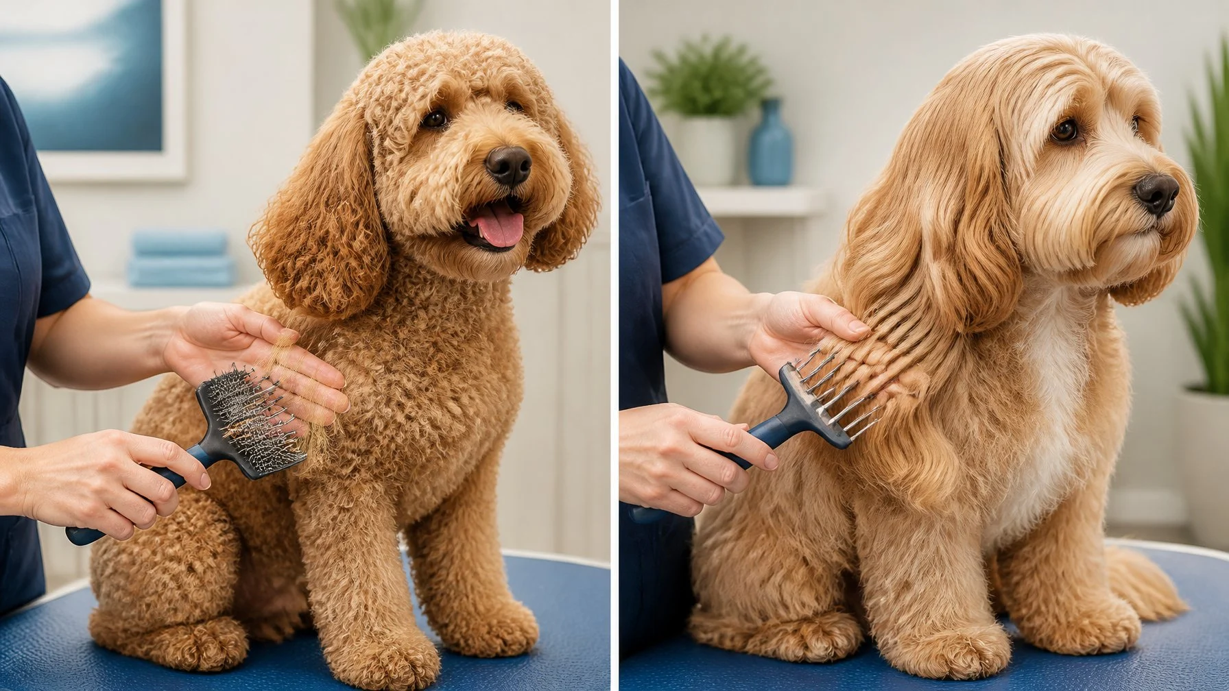 A groomer gently brushes a curly-coated dog and a wavy-coated dog in a clean grooming space.