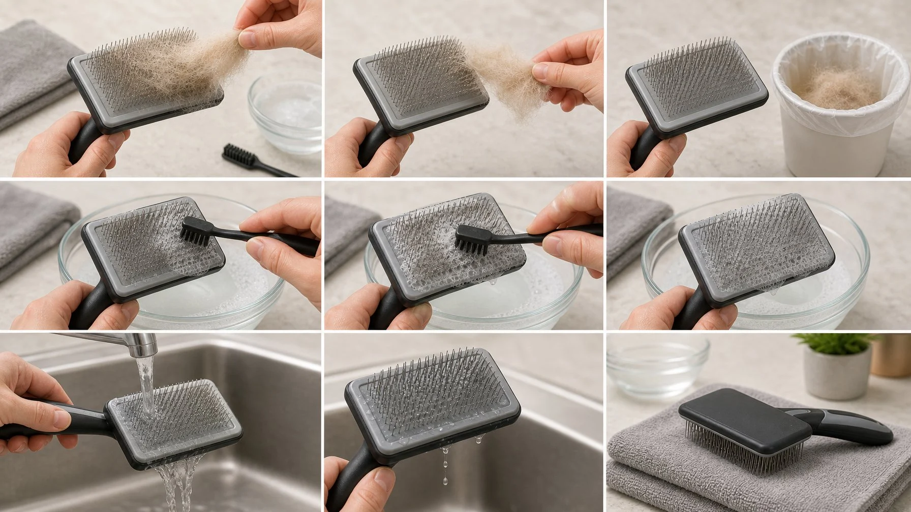 A three-step scene showing fur being removed from a slicker brush, the brush being scrubbed with soapy water, and then drying on a towel.