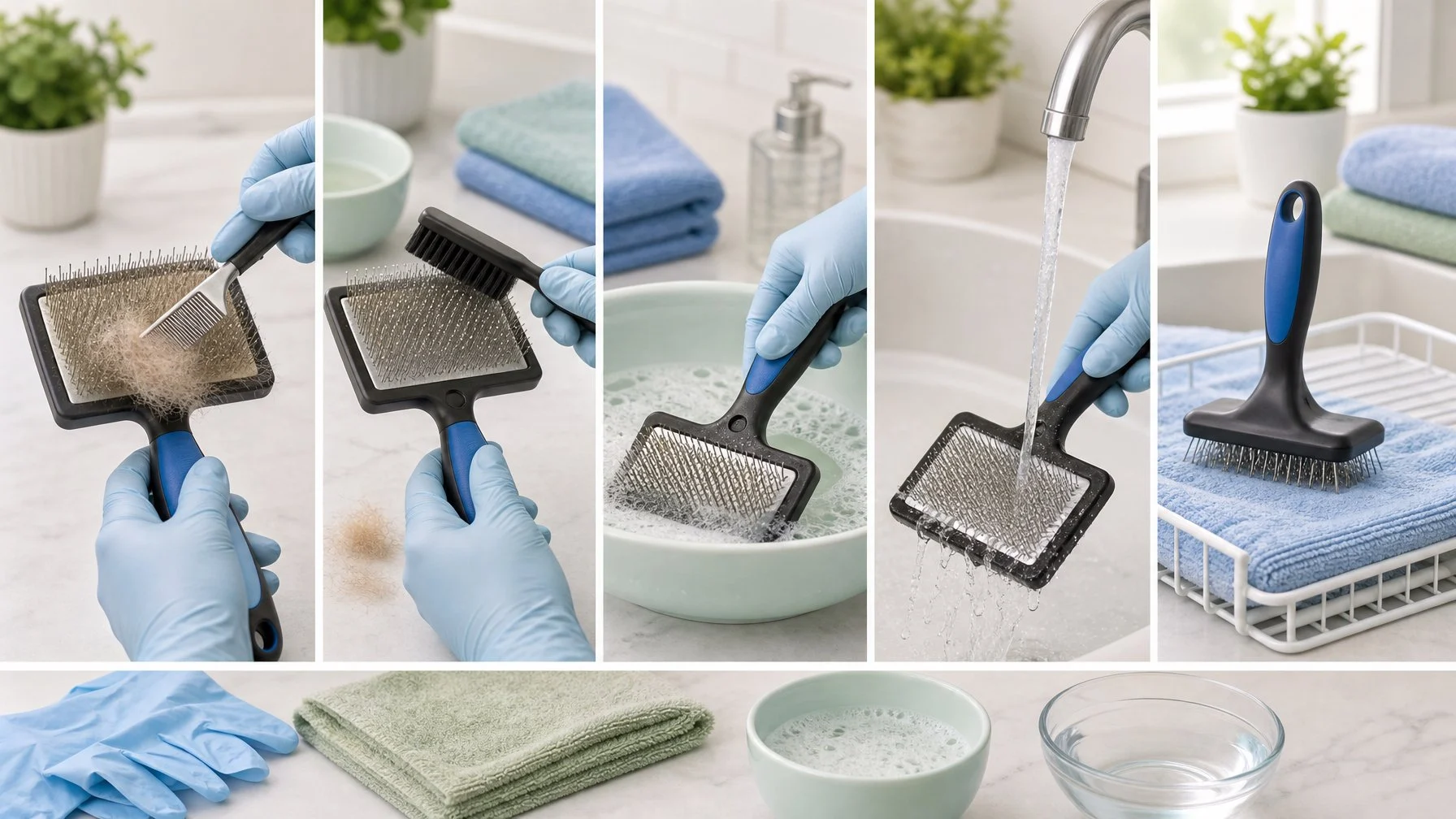 A five-stage visual guide showing a slicker brush being cleared of fur, washed, rinsed, and dried safely.