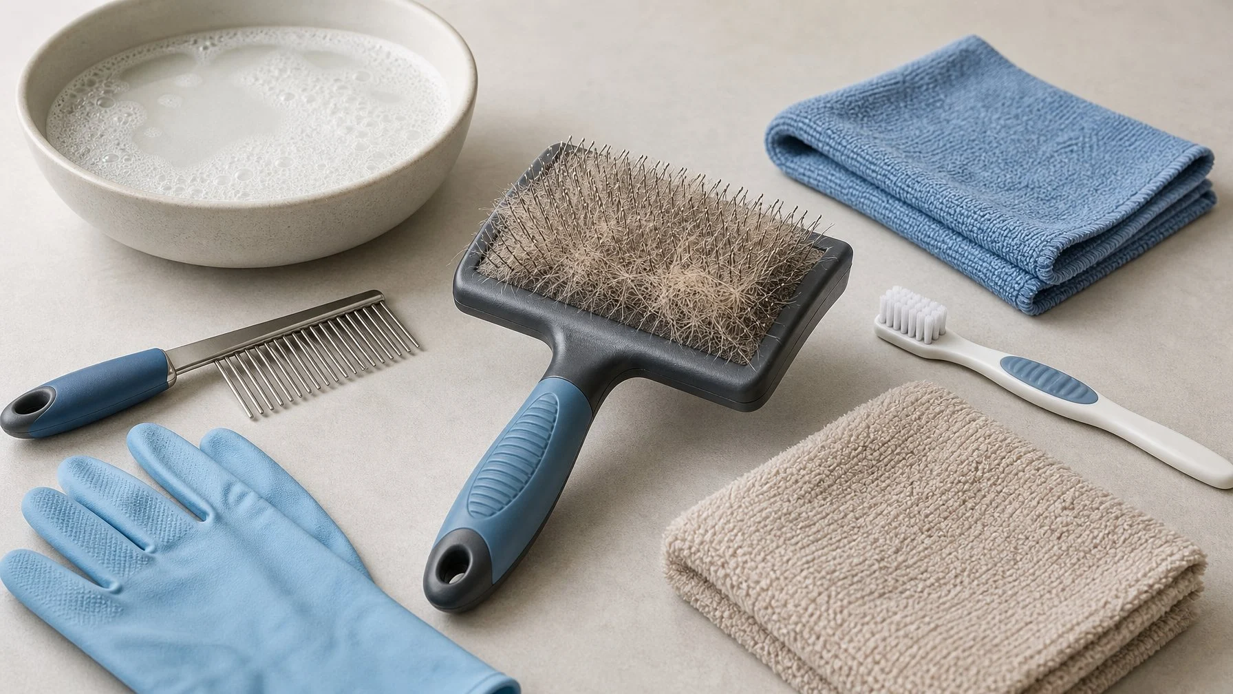 A slicker brush and cleaning supplies arranged neatly on a tabletop.
