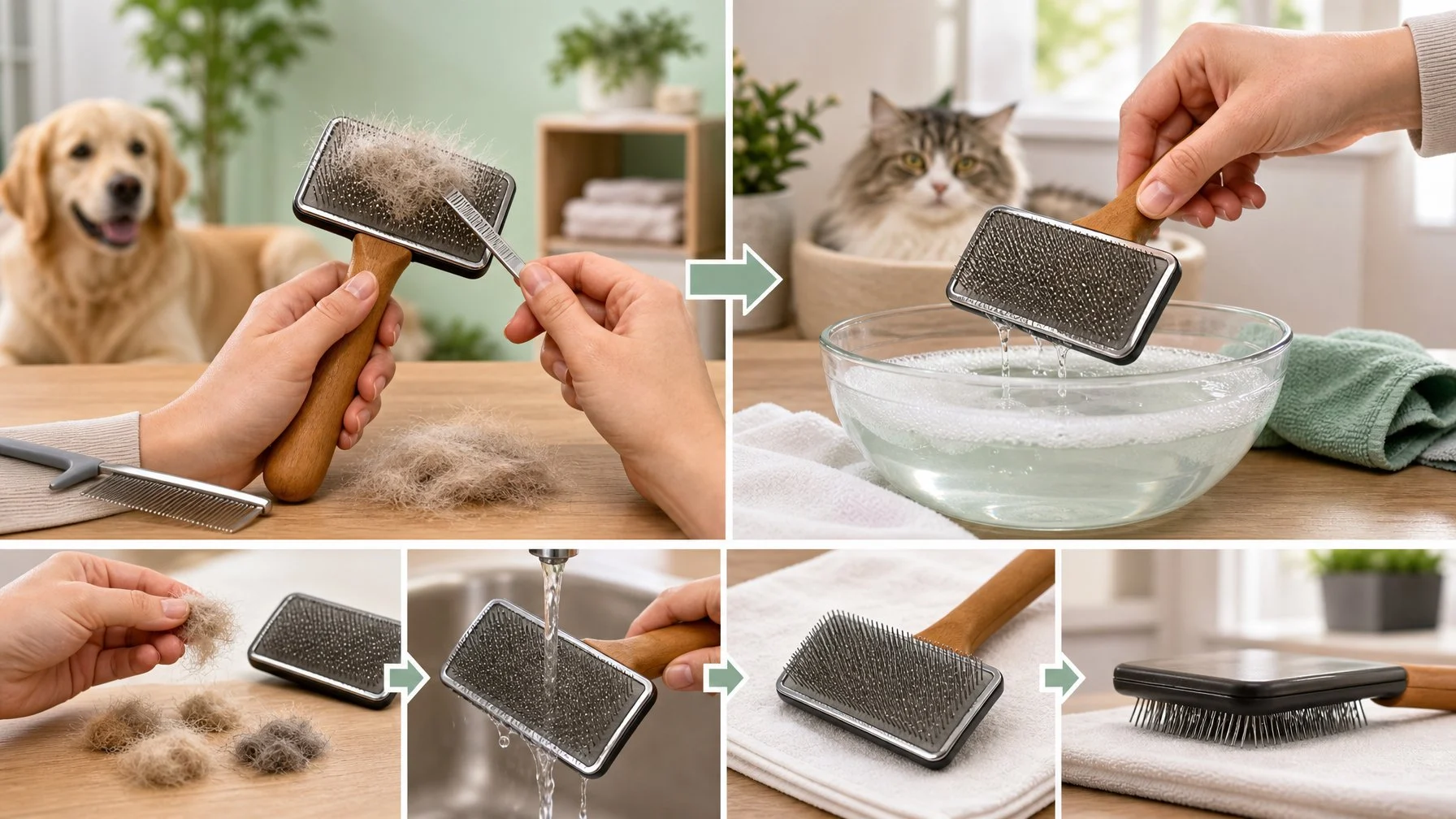 A slicker brush is being thoroughly cleaned beside soapy water, a cloth, and a drying towel.