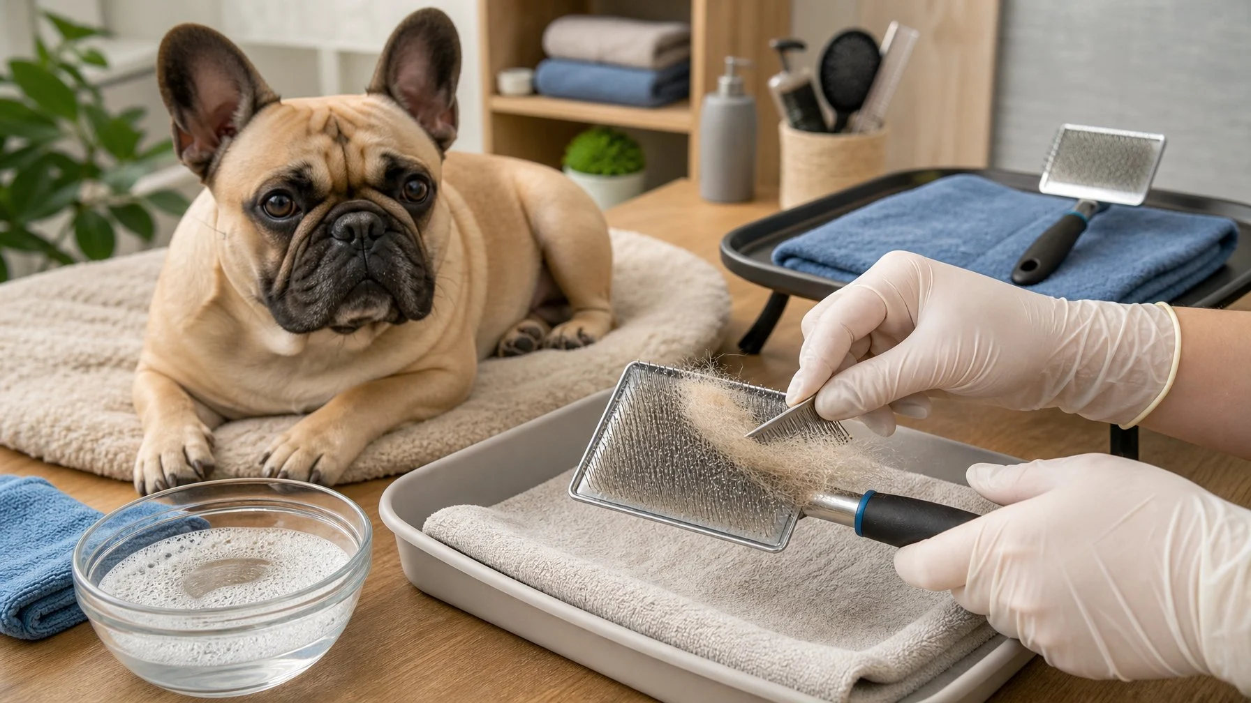 A French Bulldog rests beside a grooming station where a slicker brush is being cleaned with a comb, cloth, and soapy water.
