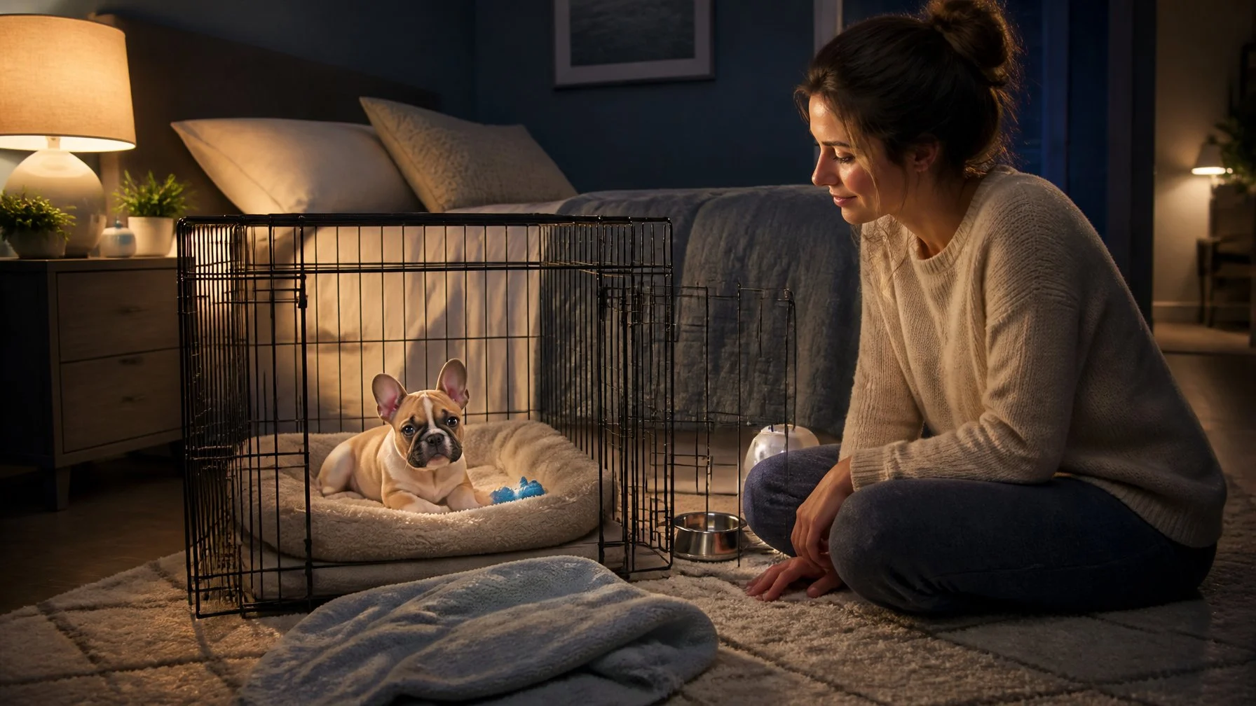 A French Bulldog puppy rests in a crate beside a caring owner in a softly lit bedroom on its first night of crate training.