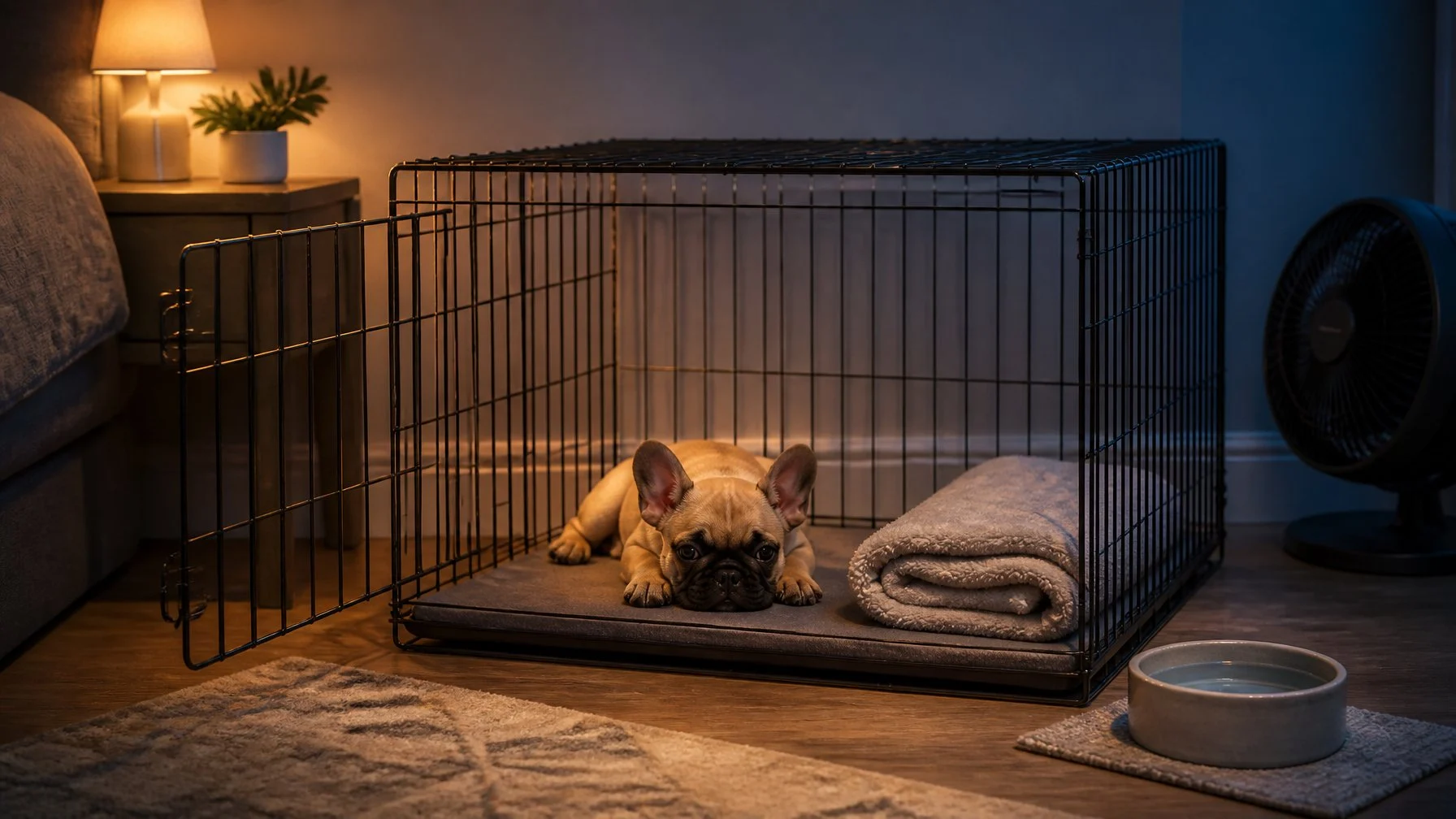 A French Bulldog puppy rests comfortably in a prepared crate in a cool, quiet room.