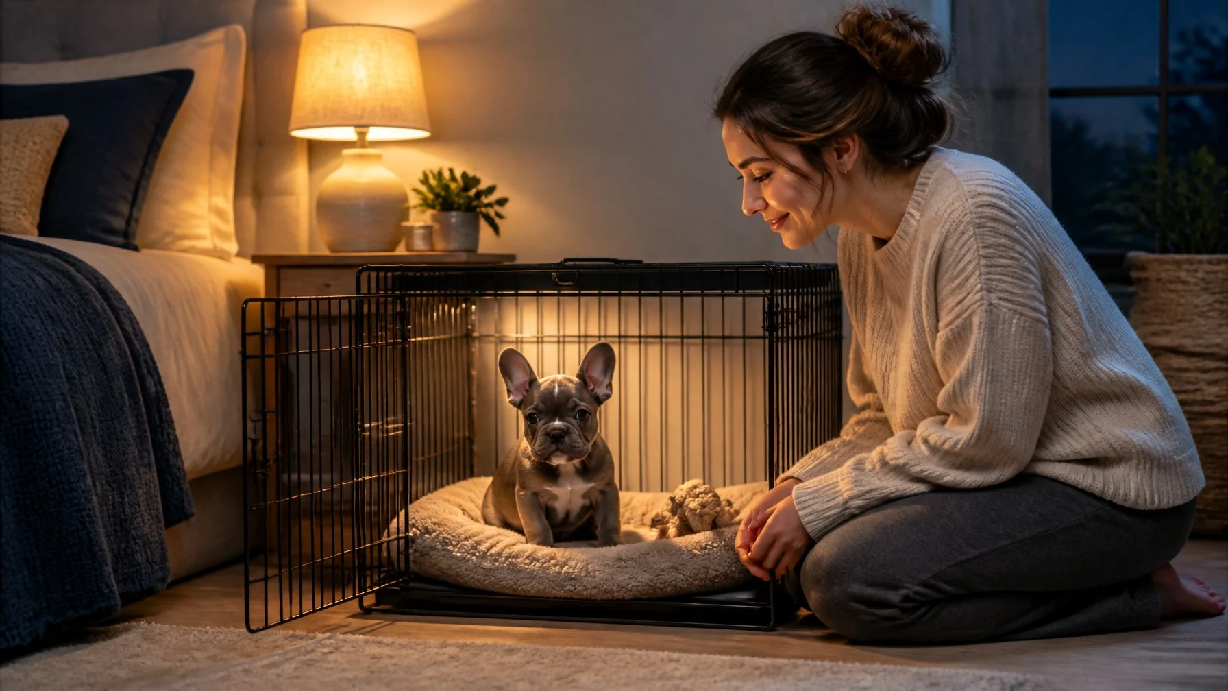 A French Bulldog puppy rests calmly in a cozy open crate beside its owner at bedtime.