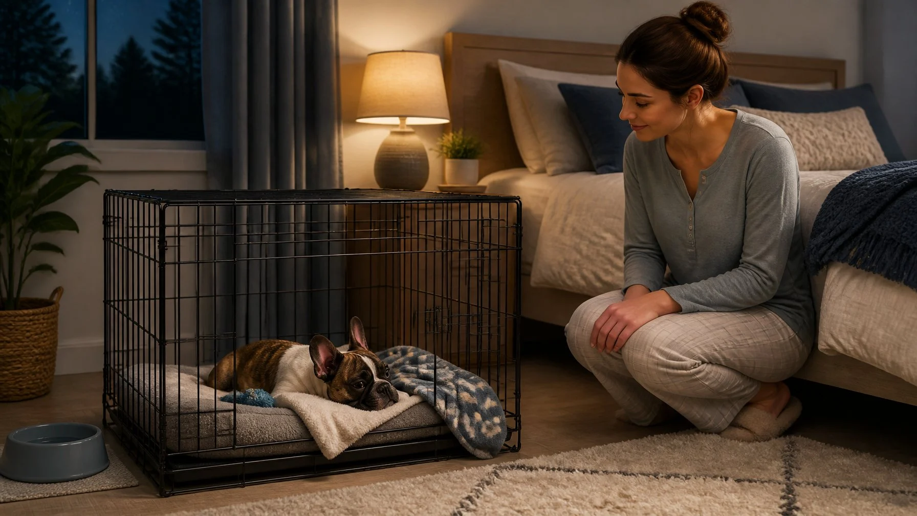 A French Bulldog puppy settles in a crate beside its owner's bed at night.