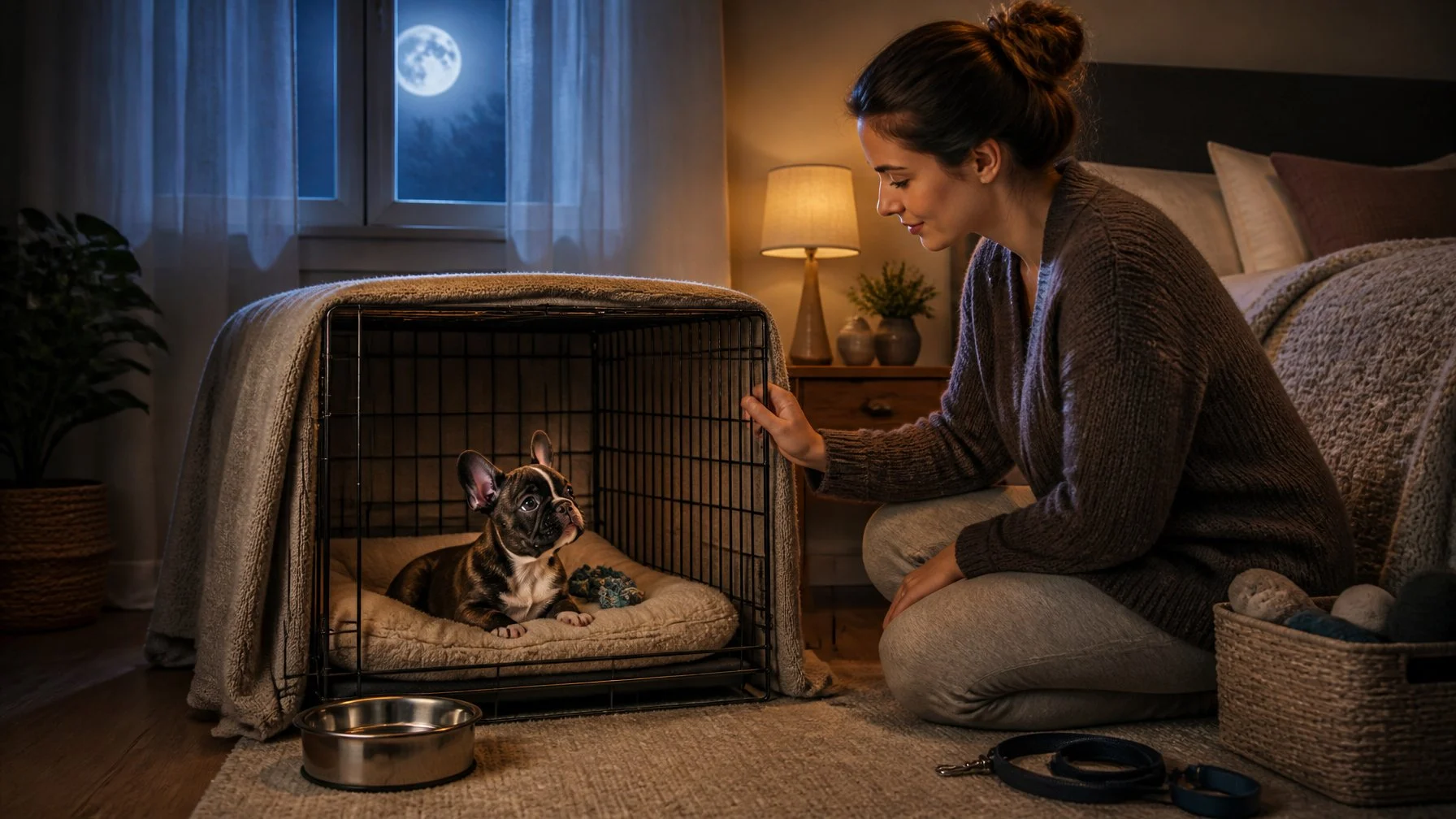 A calm owner reassures a French Bulldog puppy resting in a crate beside the bed at night.