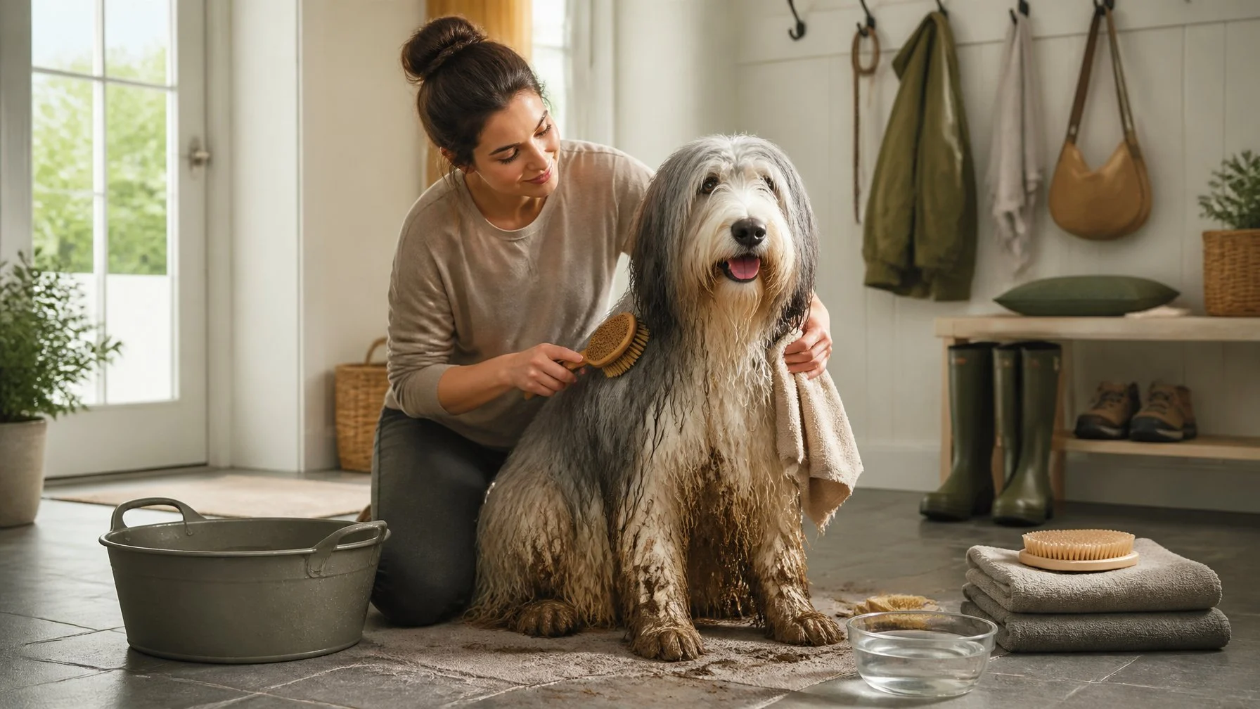 A person gently brushes and dries a muddy, long-haired dog in a bright home entryway.