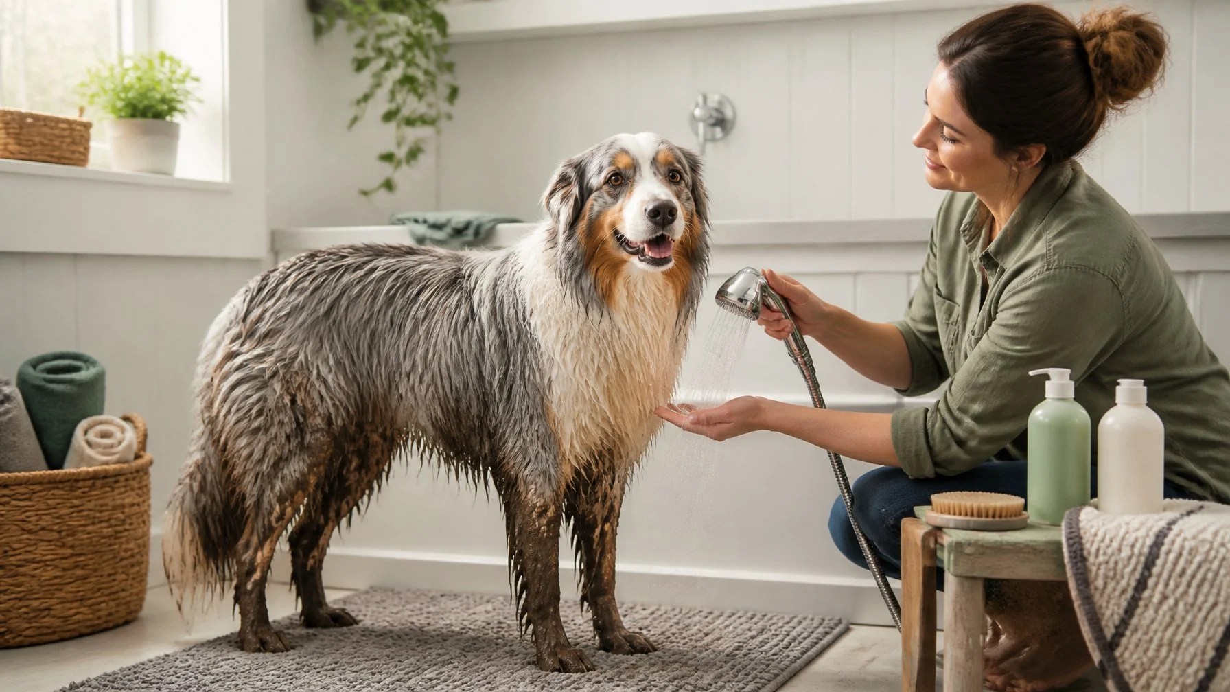 A muddy long-coated dog stands calmly in a bathroom while its owner prepares to give it a full bath.