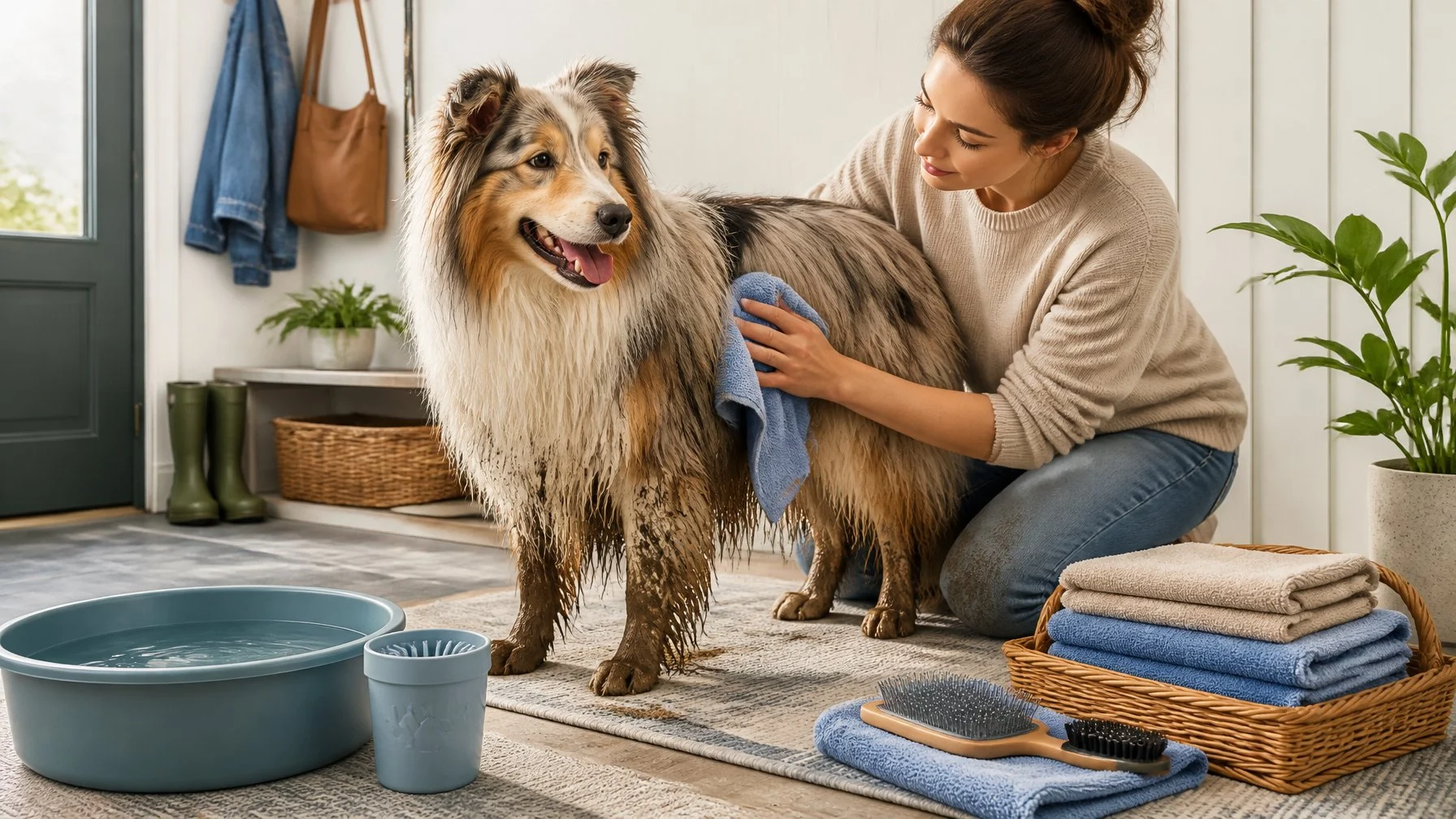 A person gently cleans mud from a long-haired dog's paws and coat in a home entryway.